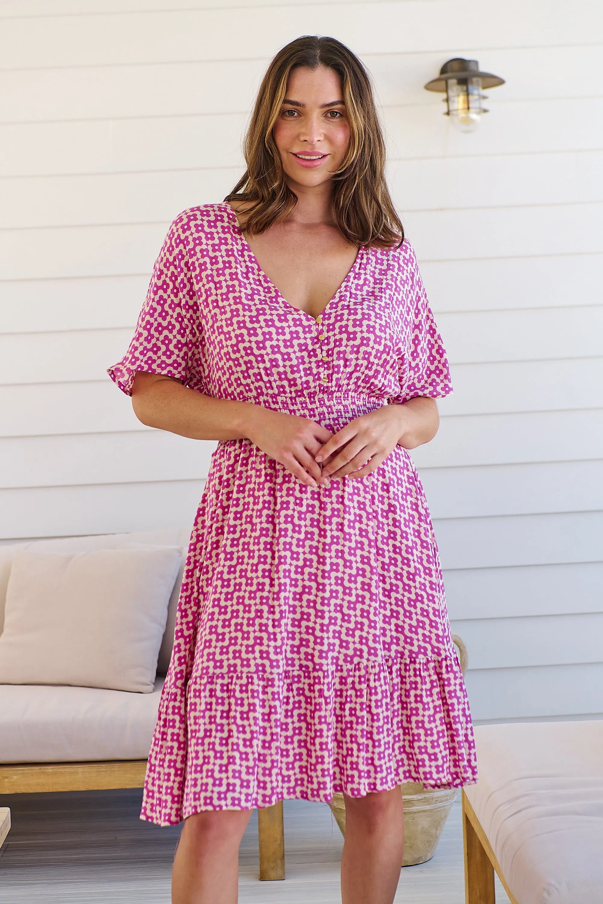 Chiara Cap Sleeve Pink Retro Print Button Front Dress