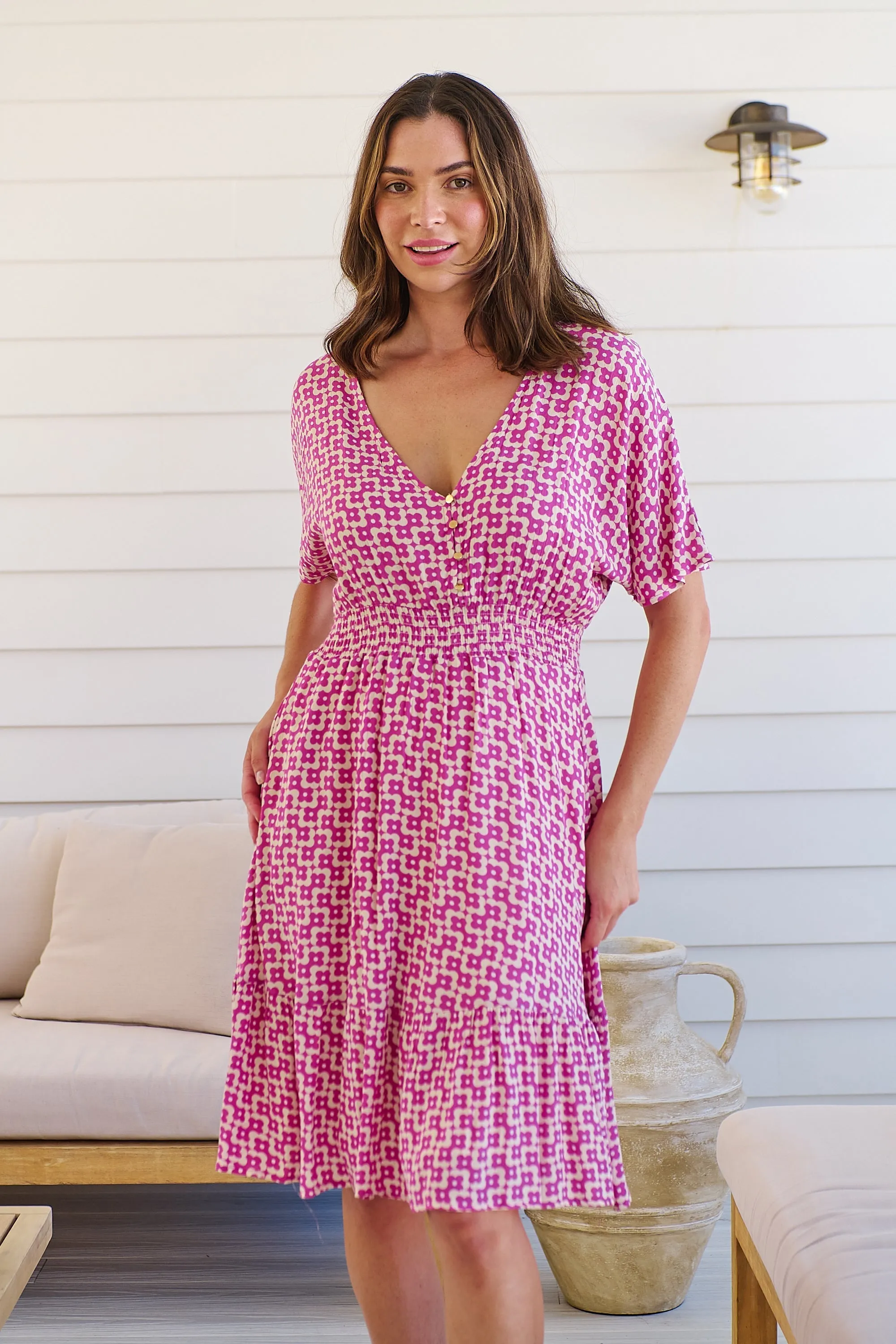 Chiara Cap Sleeve Pink Retro Print Button Front Dress