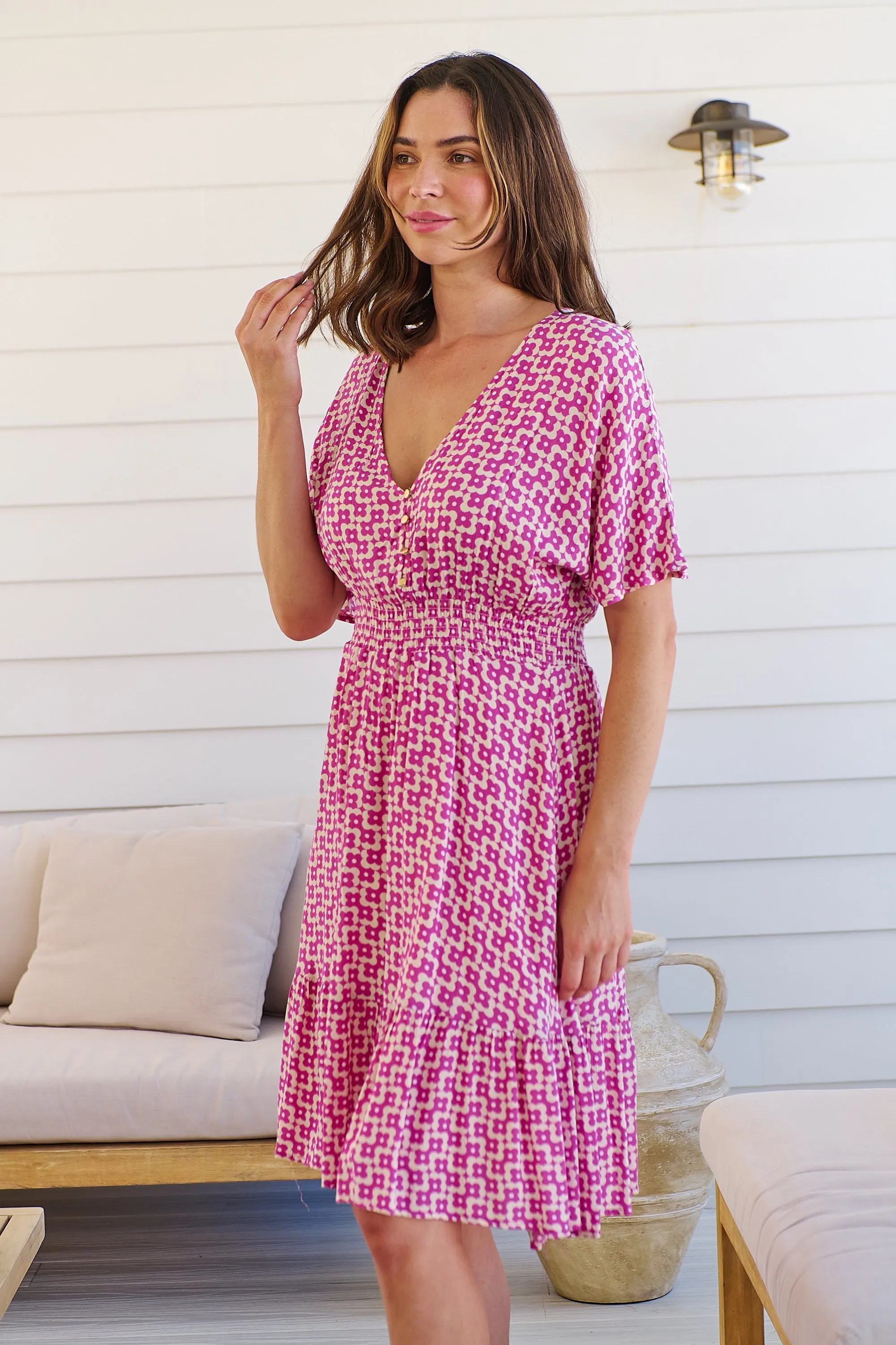 Chiara Cap Sleeve Pink Retro Print Button Front Dress