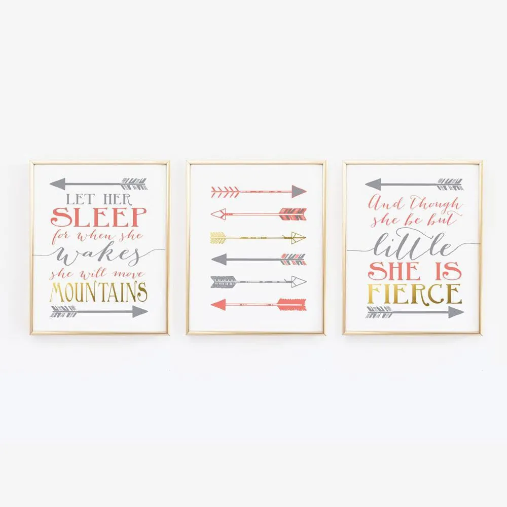 Coral, Gold & Gray Nursery Wall Prints -  Set of 3