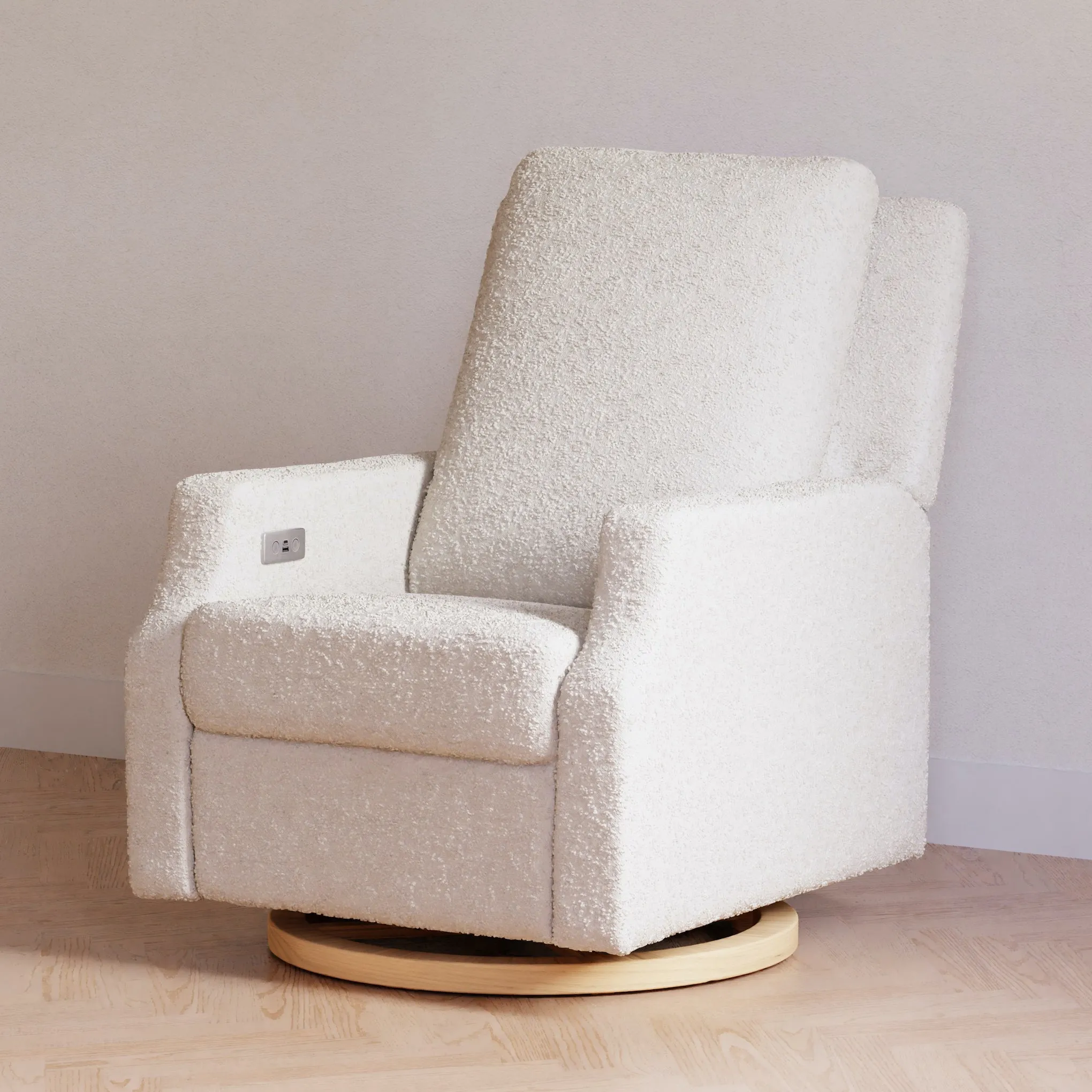 Crewe Electronic Recliner and Swivel Glider - Ivory Boucle with Light Wood Base