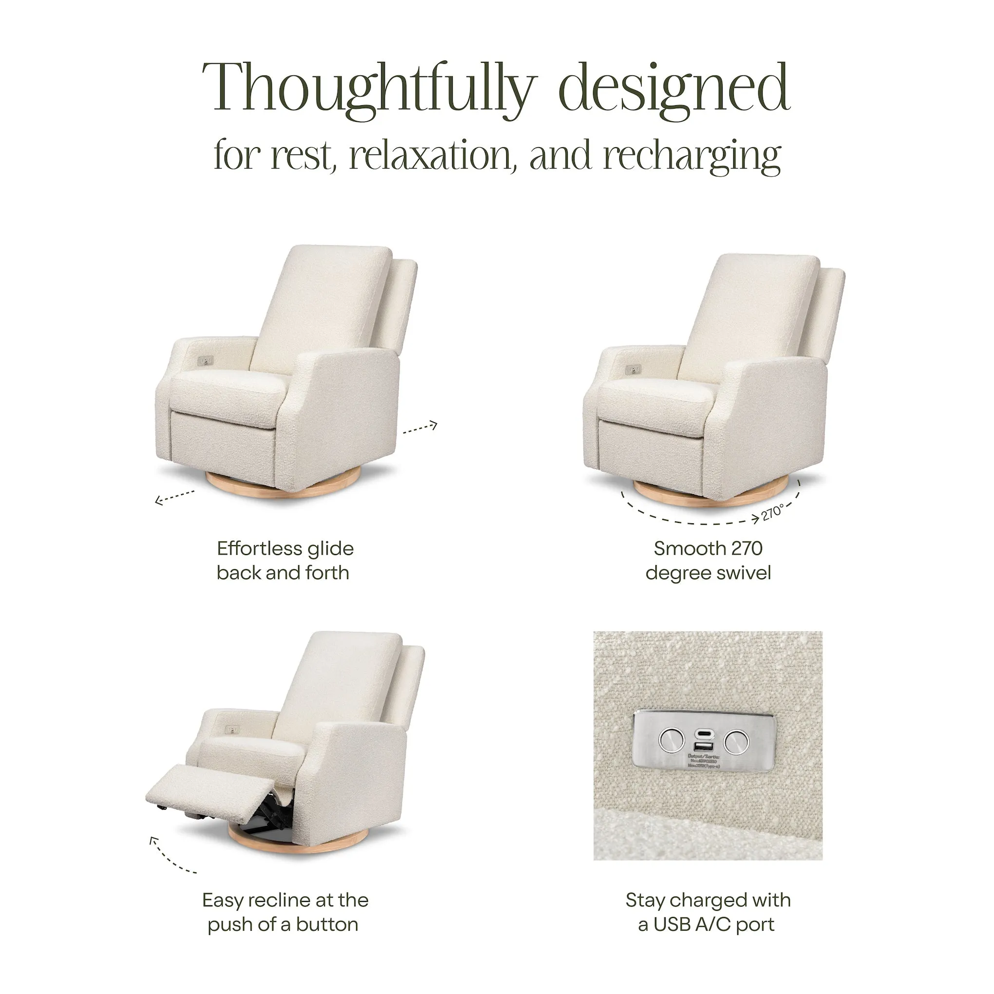 Crewe Electronic Recliner and Swivel Glider - Ivory Boucle with Light Wood Base