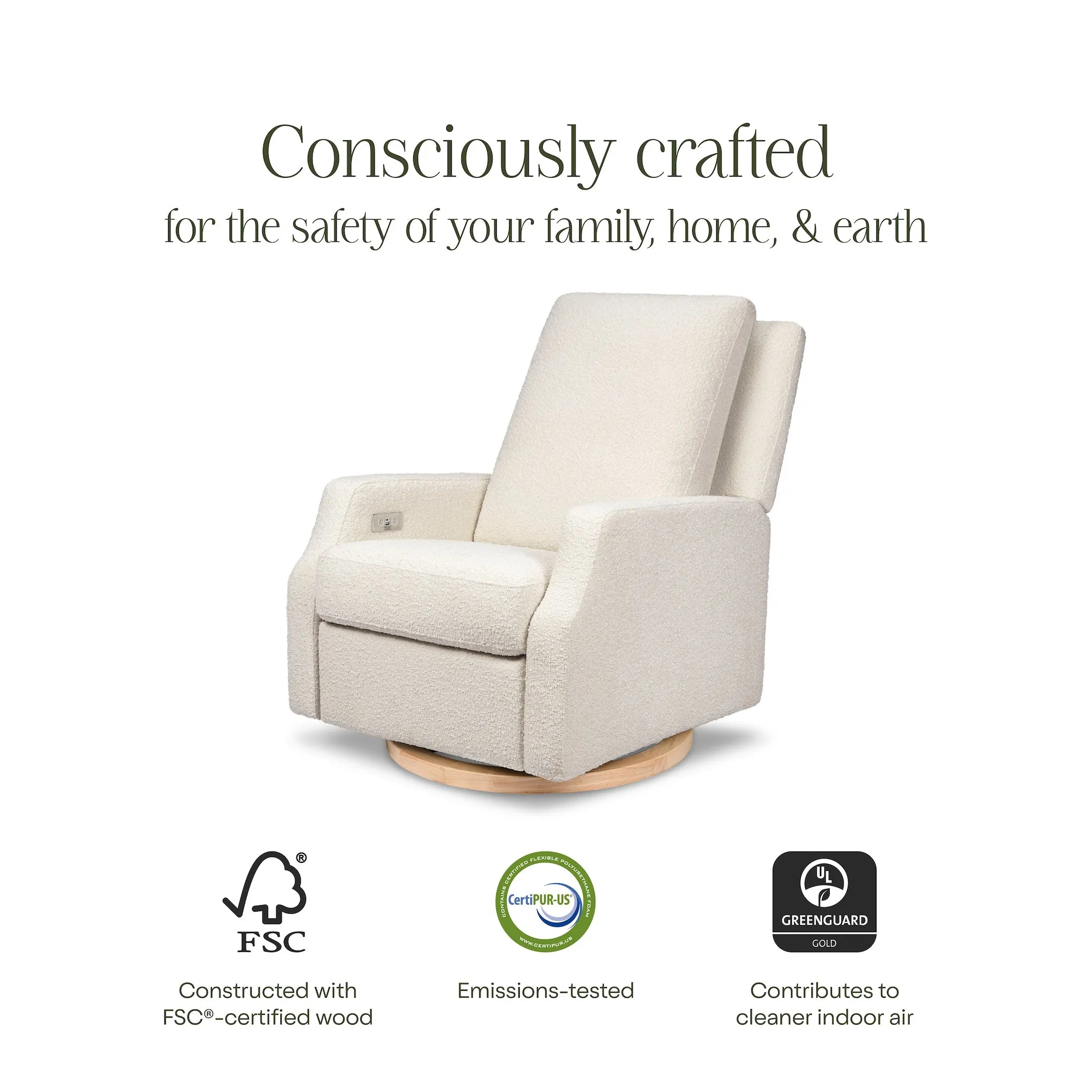 Crewe Electronic Recliner and Swivel Glider - Ivory Boucle with Light Wood Base