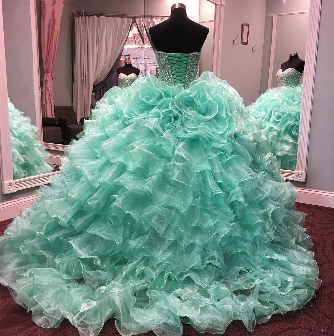 Crystal Beaded Sweetheart Organza Layered Quinceanera Dresses 2017