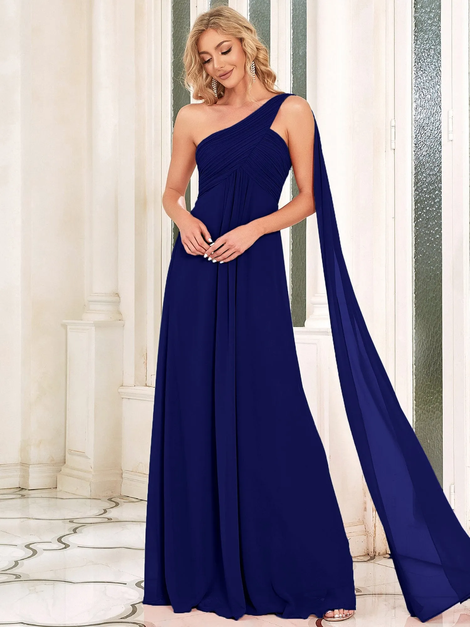 Custom Size Pleated One Shoulder Long Chiffon Formal Evening Dress