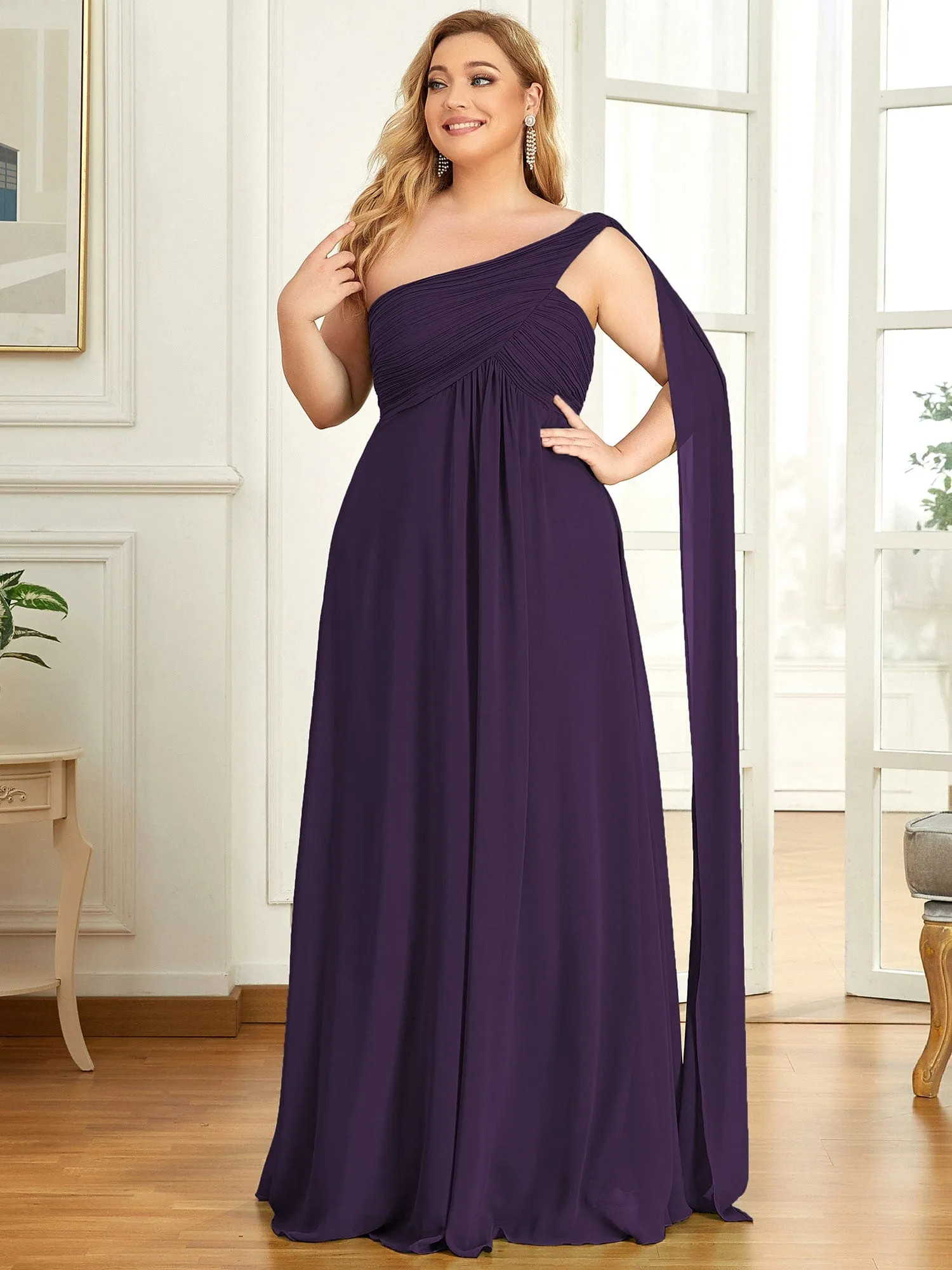 Custom Size Pleated One Shoulder Long Chiffon Formal Evening Dress