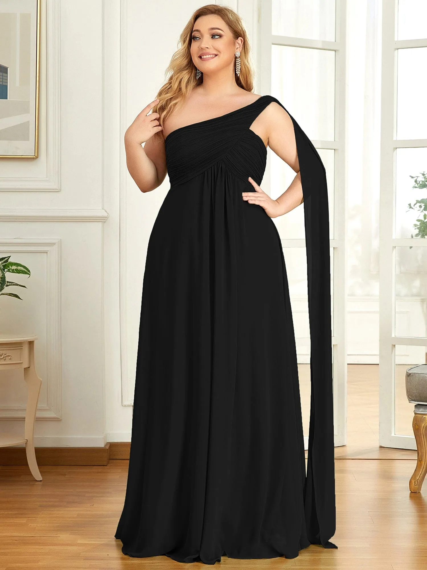 Custom Size Pleated One Shoulder Long Chiffon Formal Evening Dress