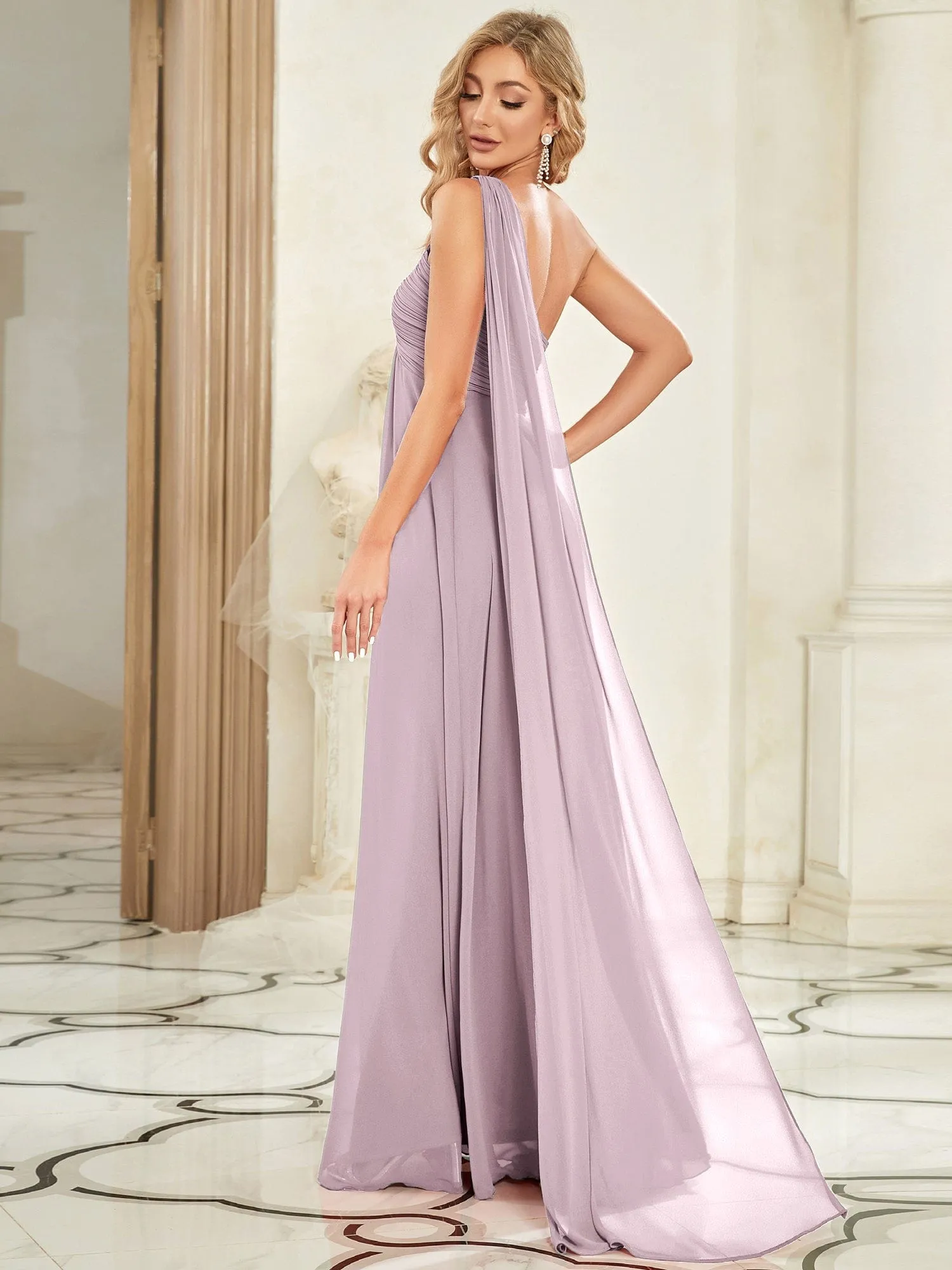 Custom Size Pleated One Shoulder Long Chiffon Formal Evening Dress