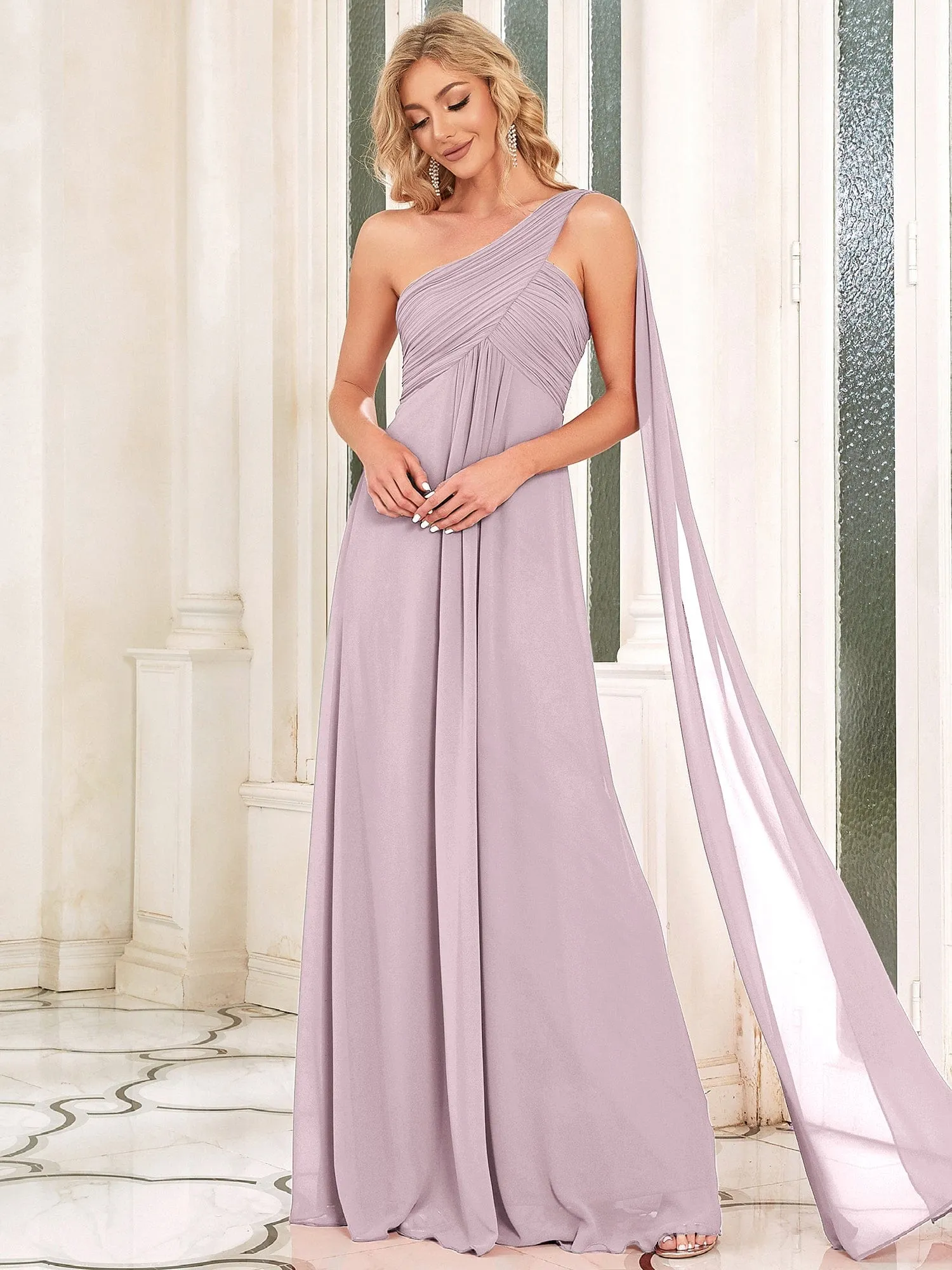 Custom Size Pleated One Shoulder Long Chiffon Formal Evening Dress