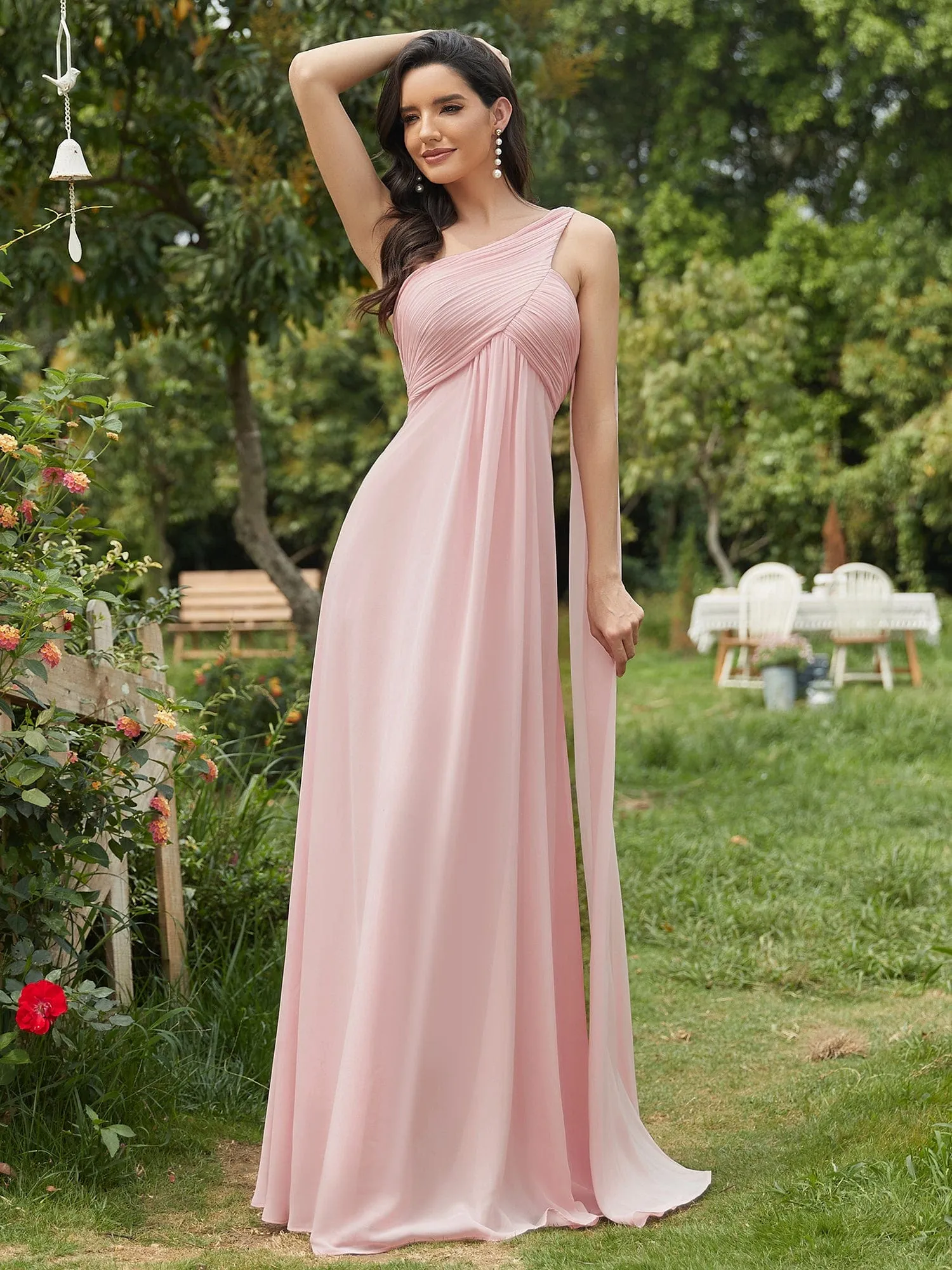 Custom Size Pleated One Shoulder Long Chiffon Formal Evening Dress