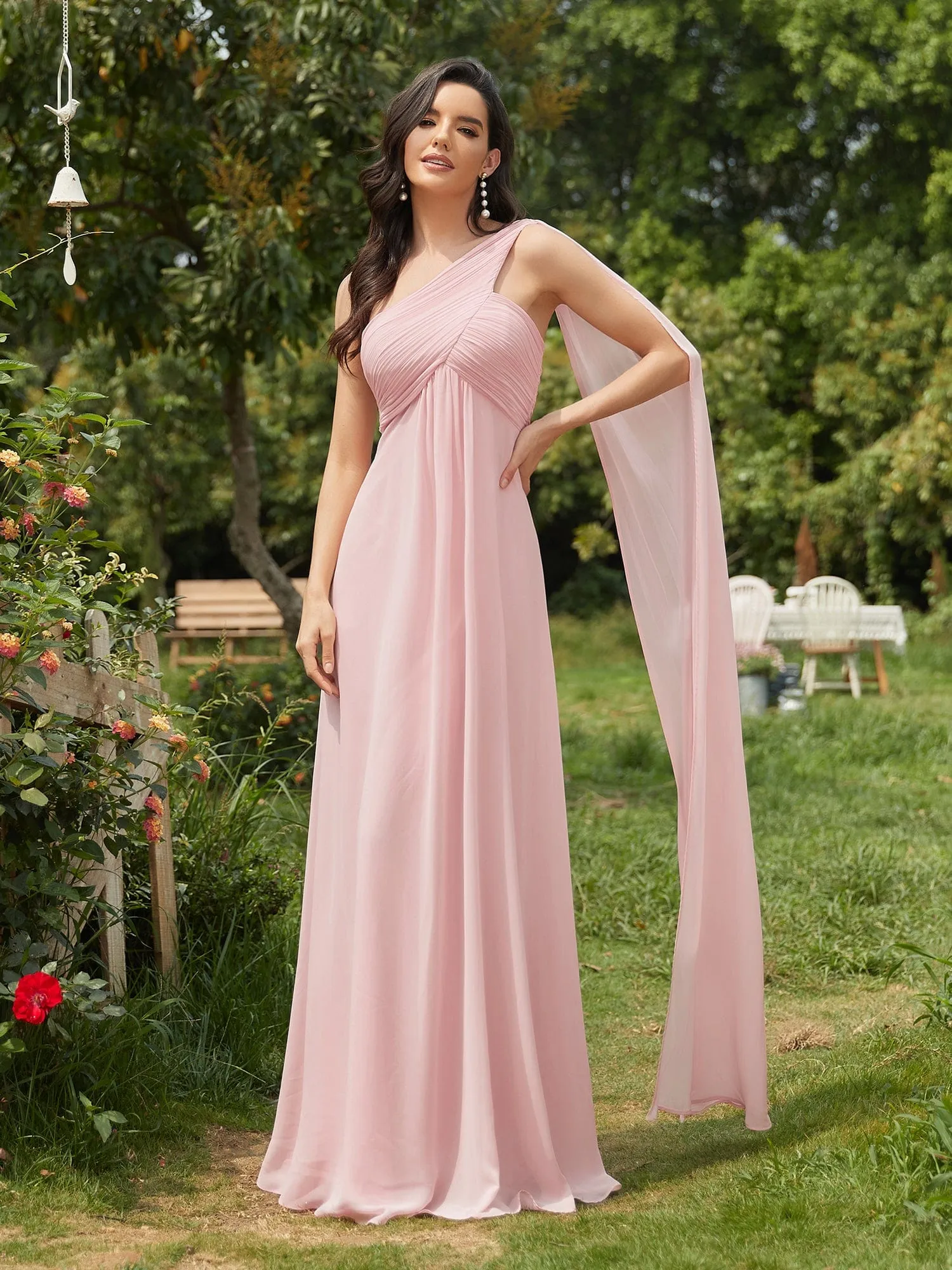 Custom Size Pleated One Shoulder Long Chiffon Formal Evening Dress