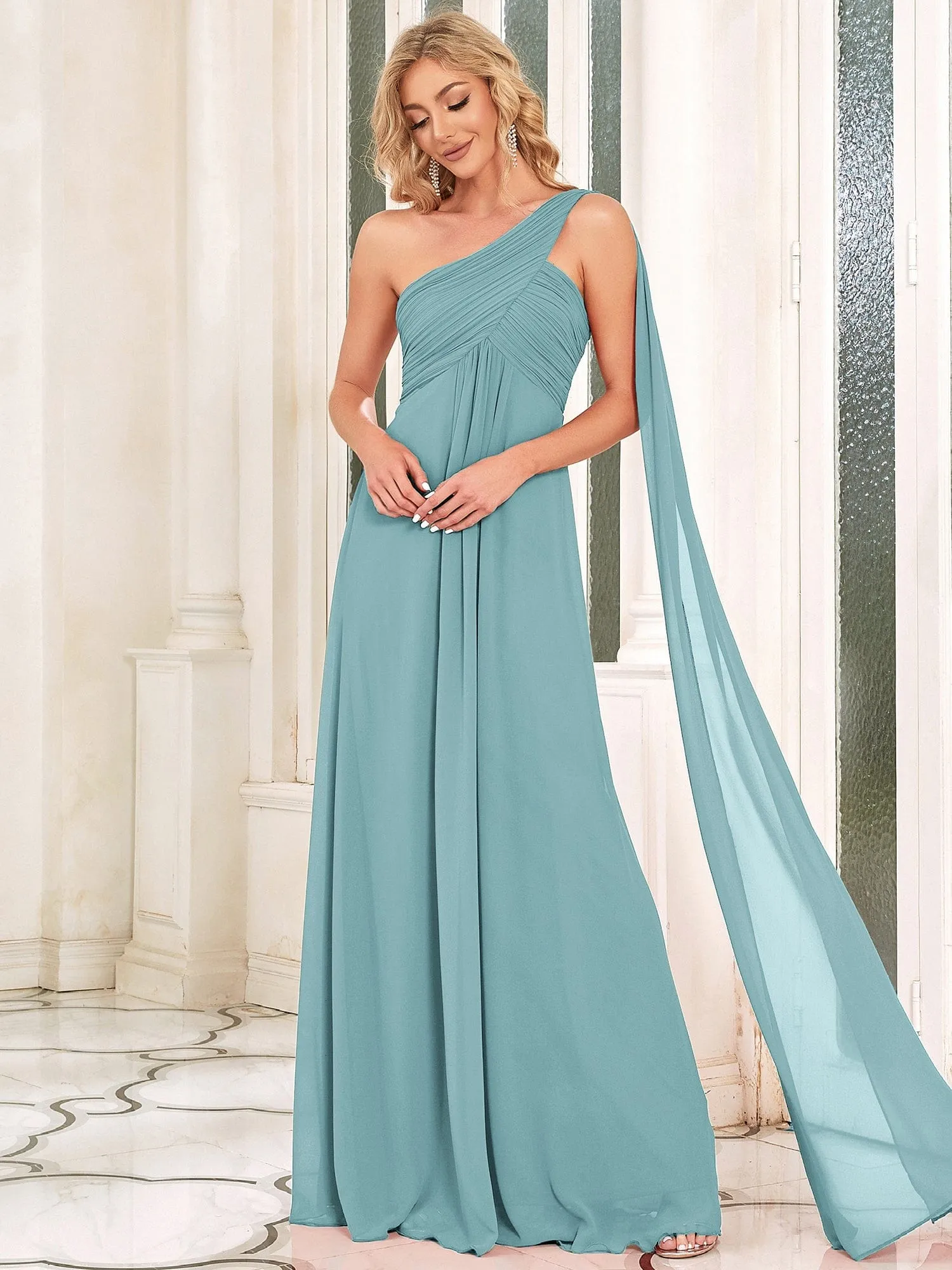 Custom Size Pleated One Shoulder Long Chiffon Formal Evening Dress