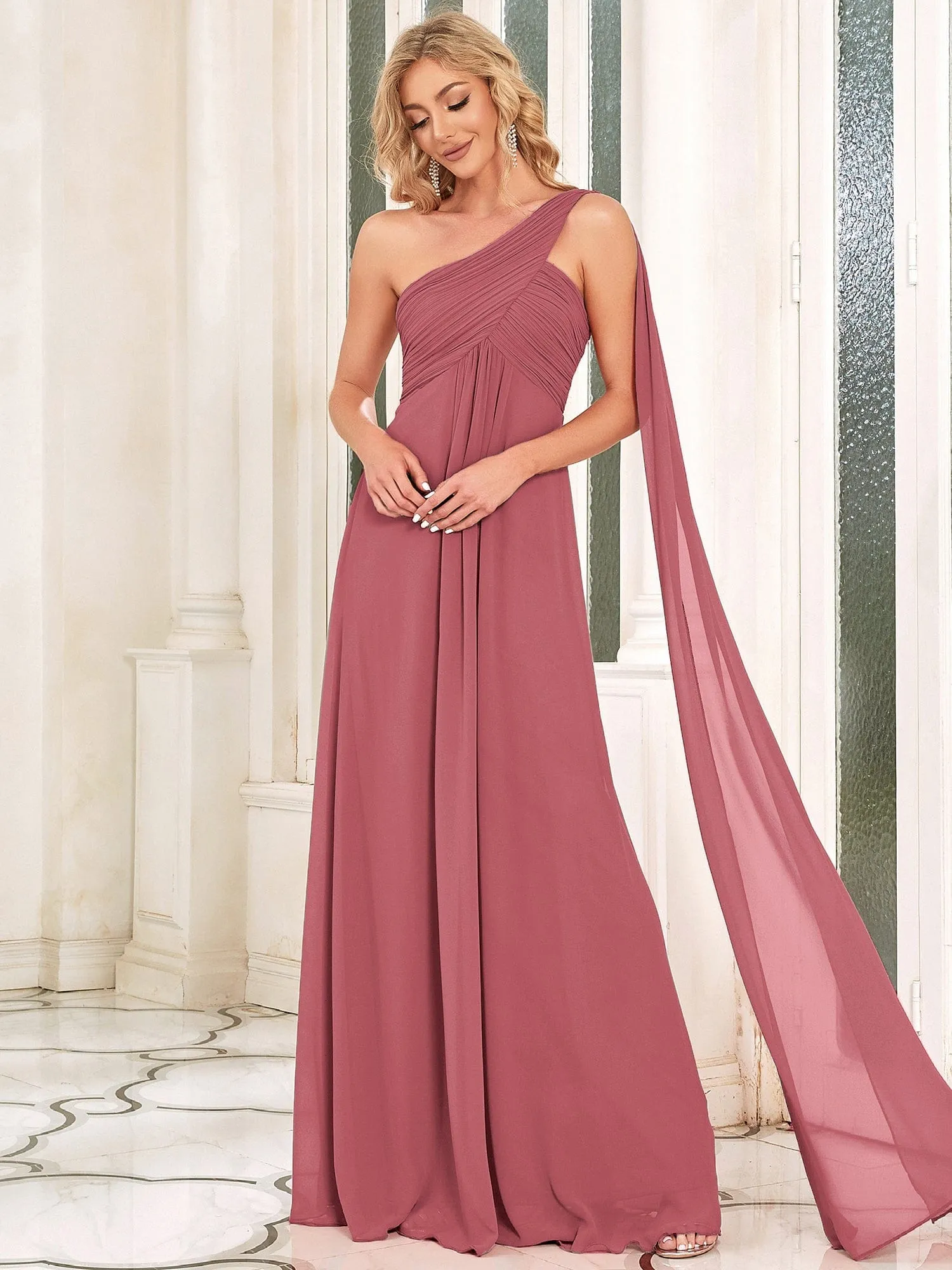 Custom Size Pleated One Shoulder Long Chiffon Formal Evening Dress