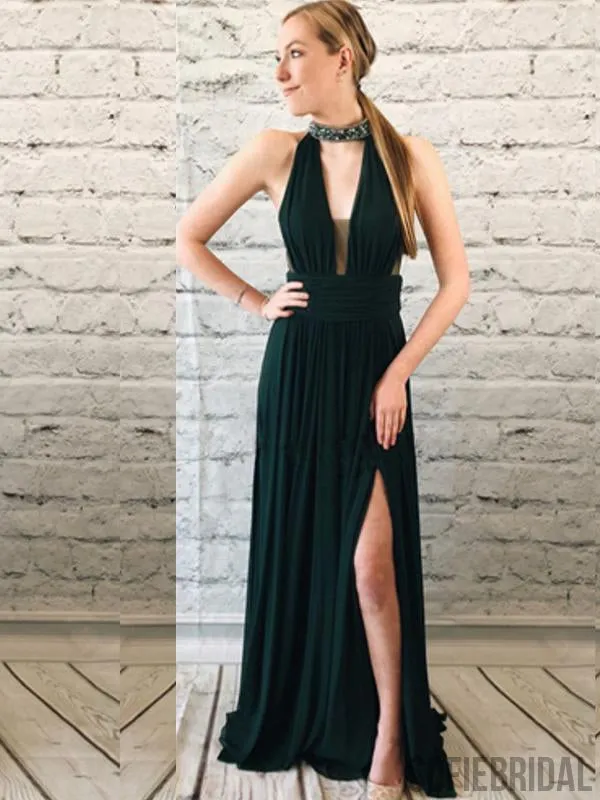 Dark Green High Neck Beaded Side Slit Prom Dresses PD0868