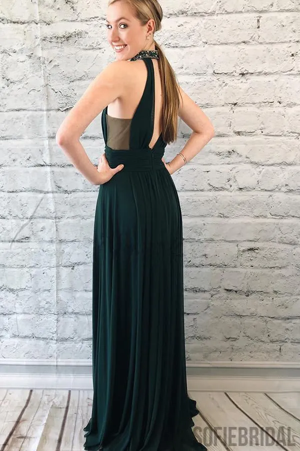 Dark Green High Neck Beaded Side Slit Prom Dresses PD0868