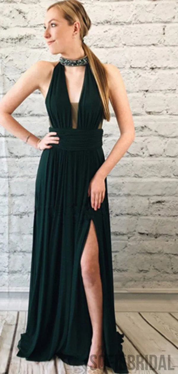 Dark Green High Neck Beaded Side Slit Prom Dresses PD0868