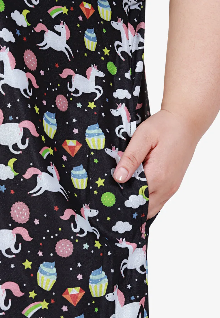 Divine Full Prints Unicorn Sleep Dress - Black