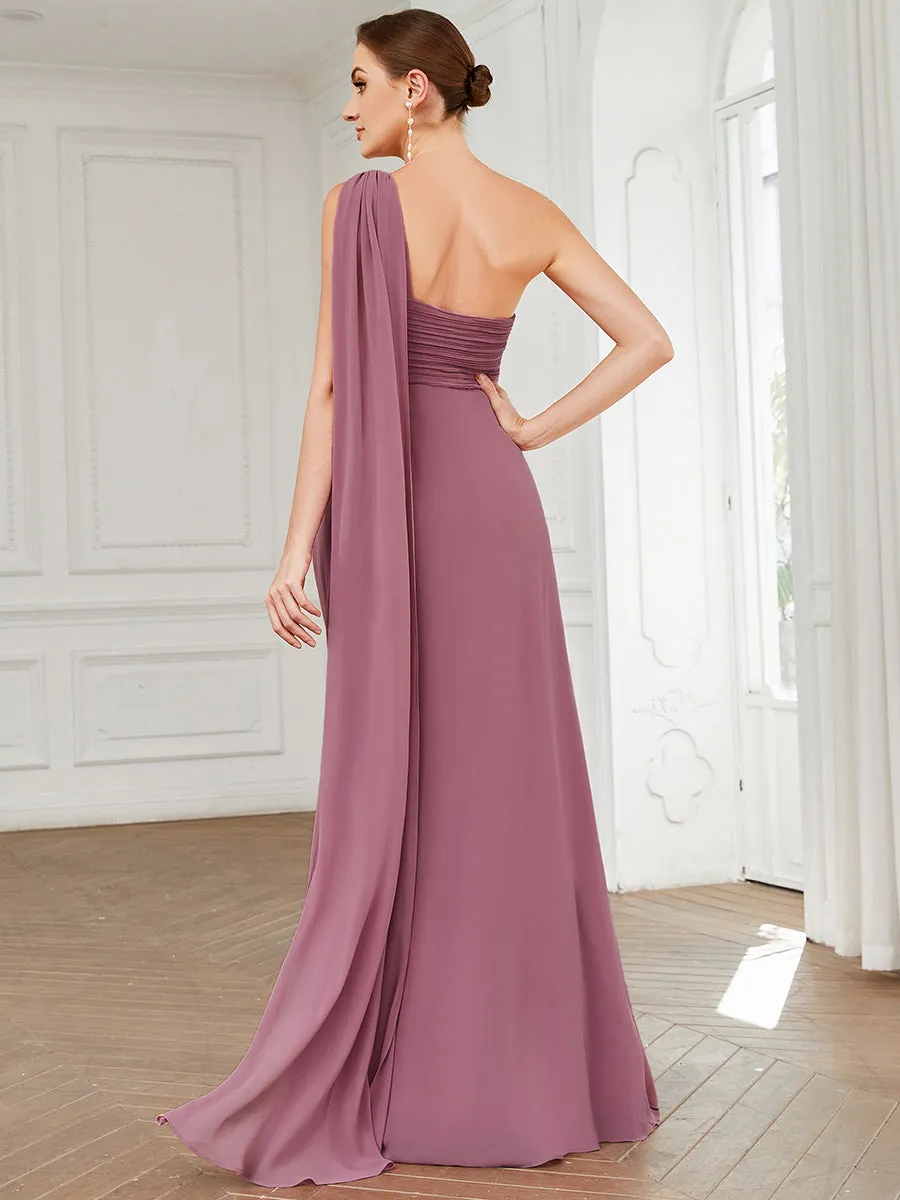 Elegant Pleated A-Line Floor Length One Shoulder Sleeveless Wholesale Bridesmaids Dress