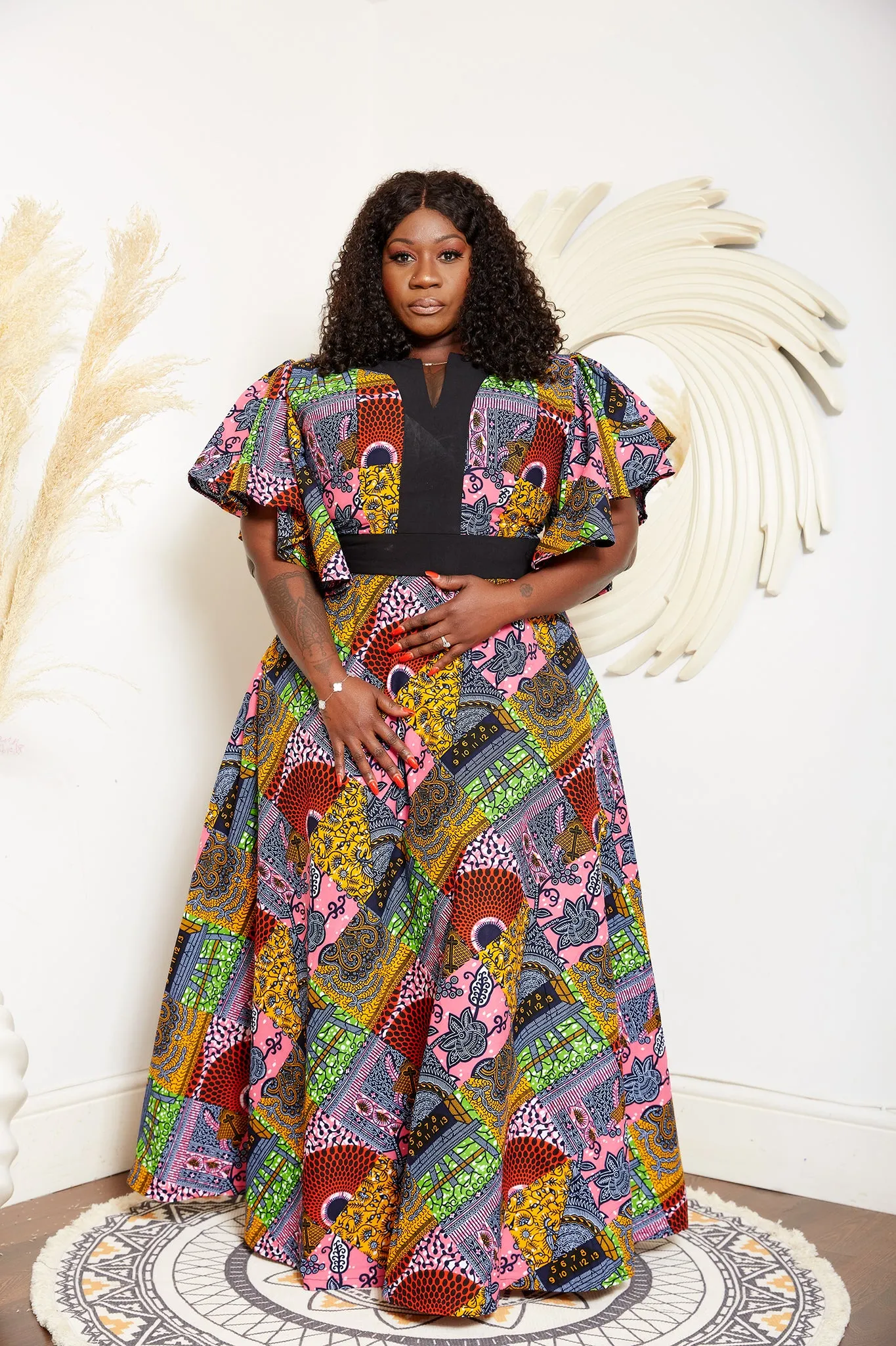 Flared Sleeve African Print Mixed Print Maxi Dress - Nansica