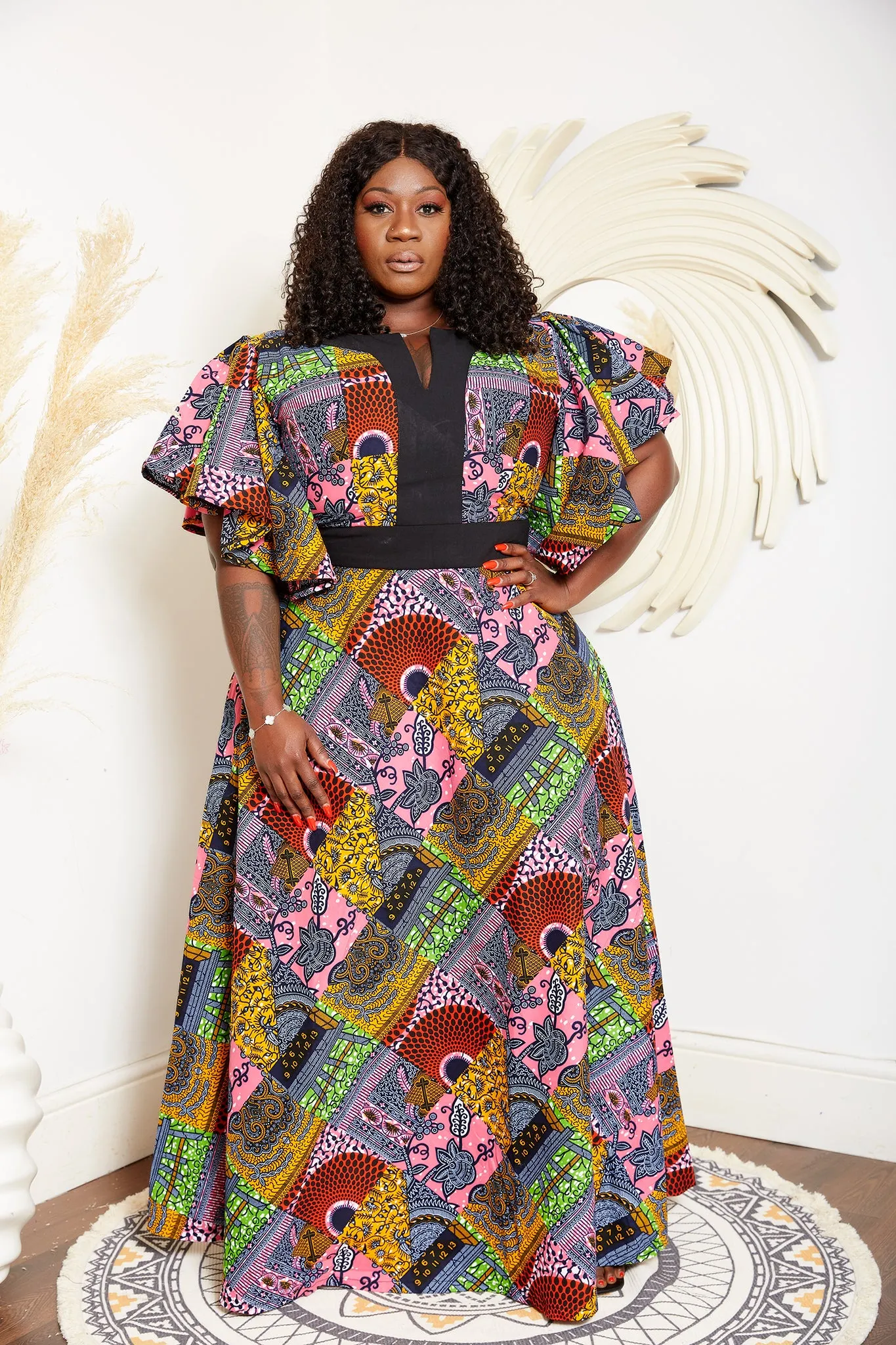 Flared Sleeve African Print Mixed Print Maxi Dress - Nansica