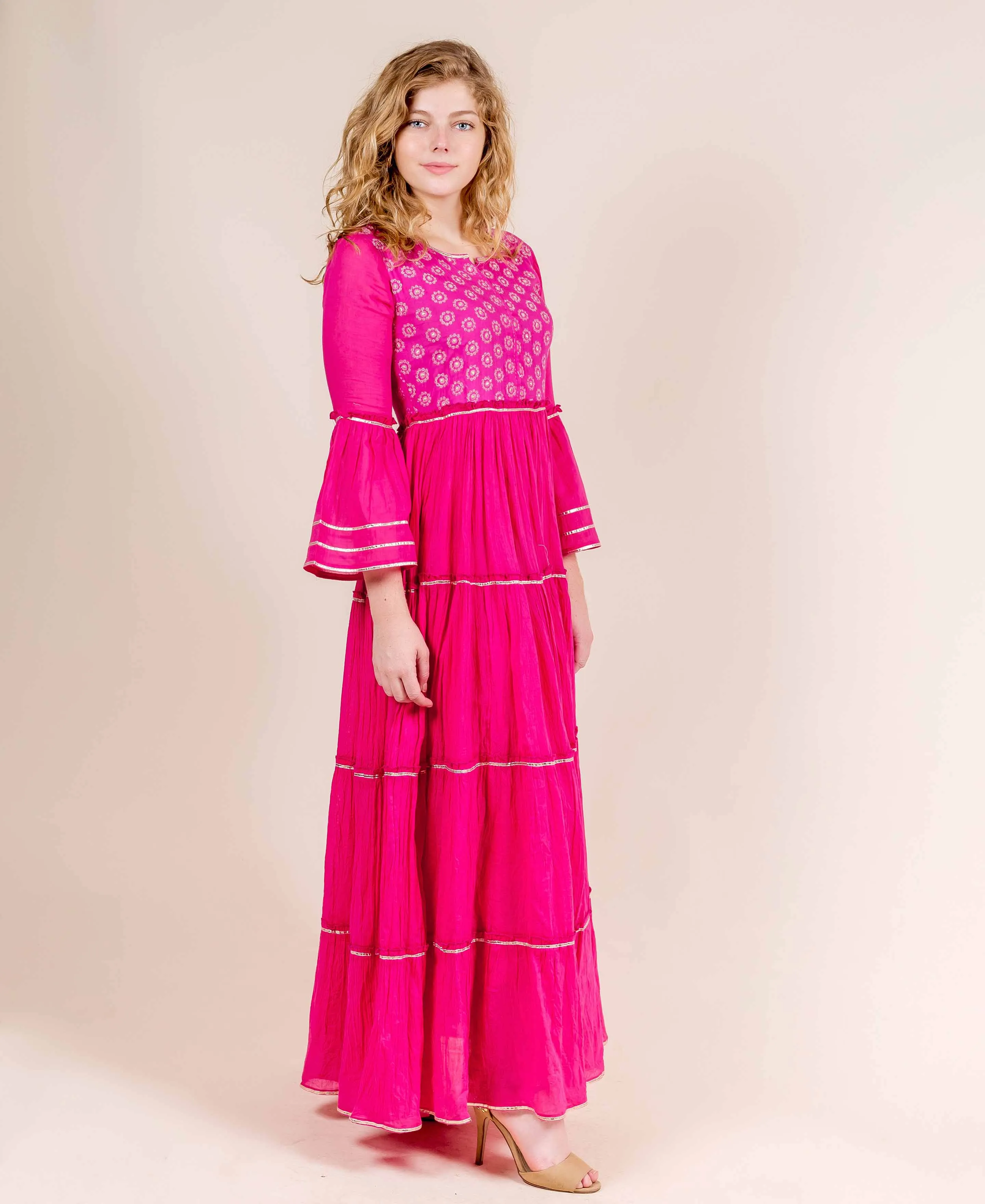 Fuchsia Full Bell Sleeves with Gota Trim Cotton Dress