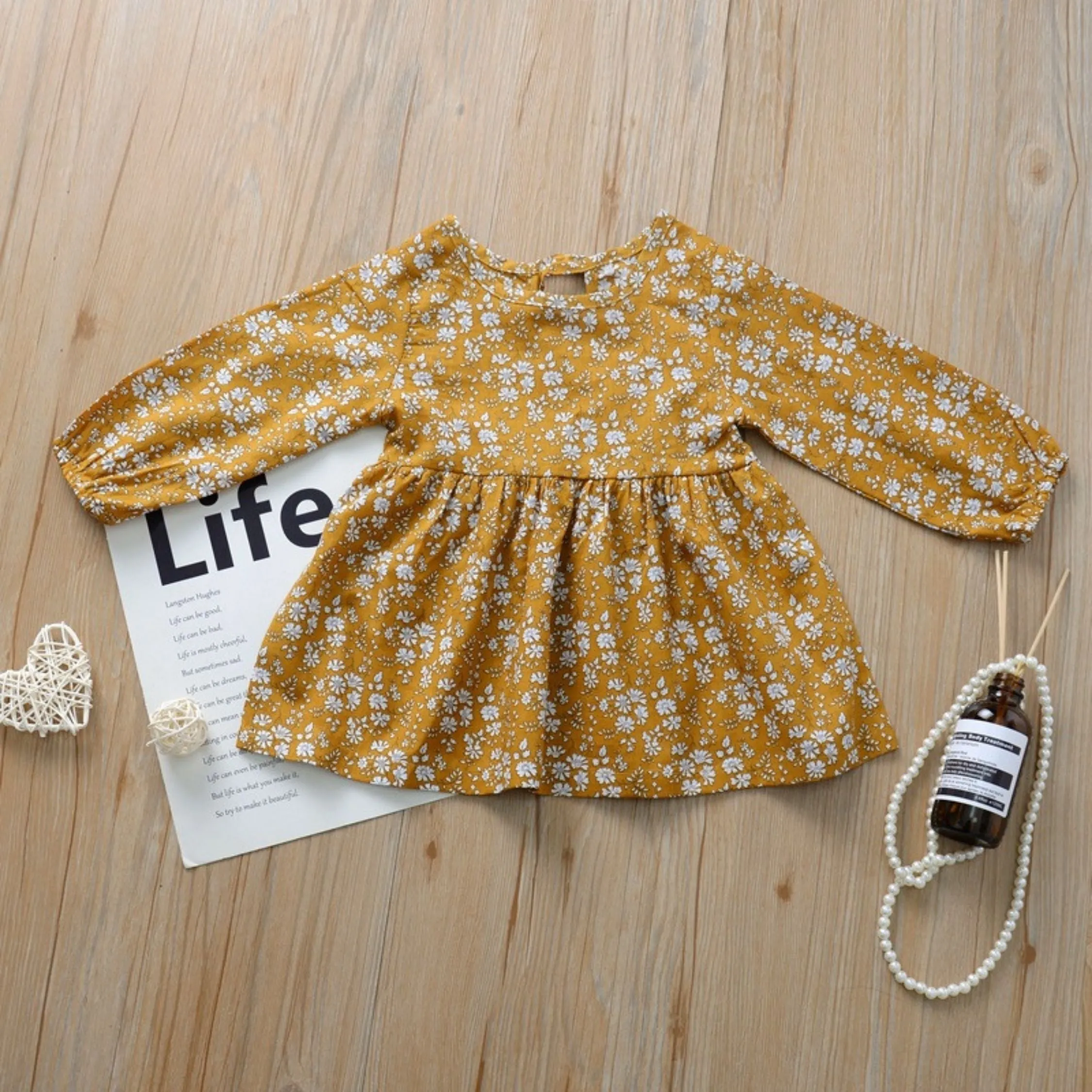 Full Sleeve Daisy Flower Theme Girls Dress, Mustard