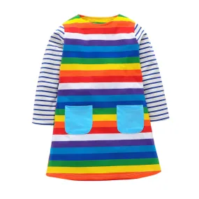 Full Sleeve Rainbow Patches Theme Girls Dress, Pink