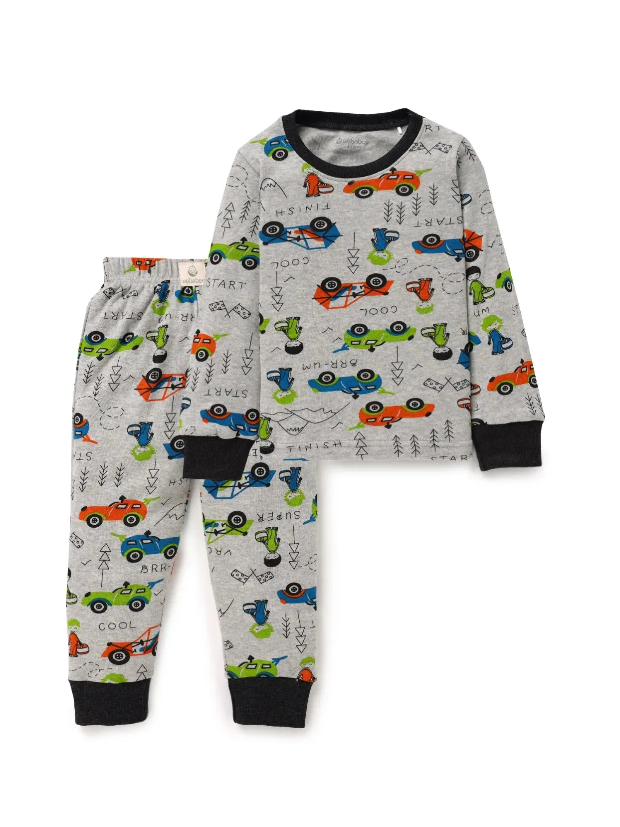 Full sleeve red & cyan toy car pattern in white pajama set for baby