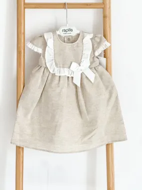 Girls Rapife Beige and Cream Dress With Bow Detail