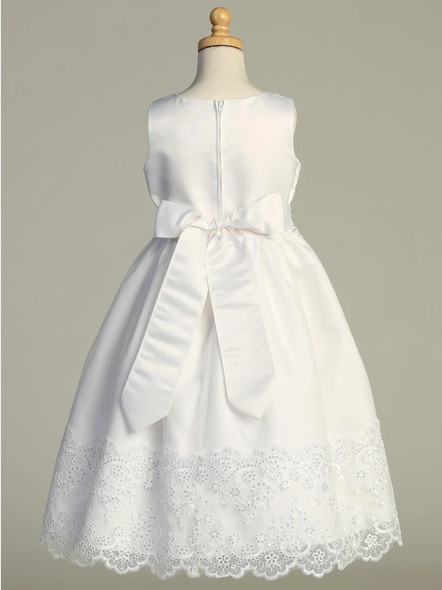 Girls White First Communion Dress w/ Corded Embroidered Tulle & Sequins (210)