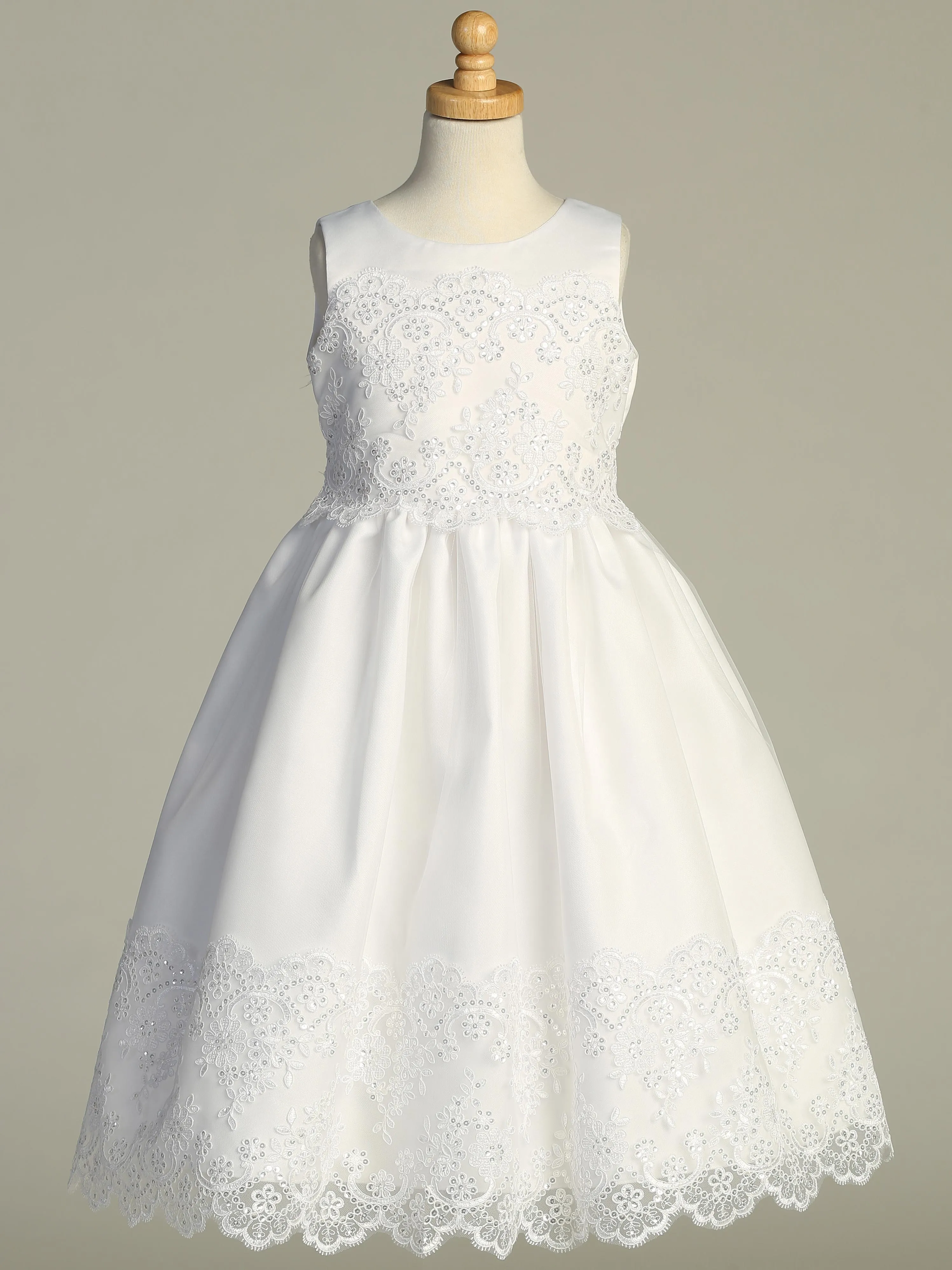 Girls White First Communion Dress w/ Corded Embroidered Tulle & Sequins (210)