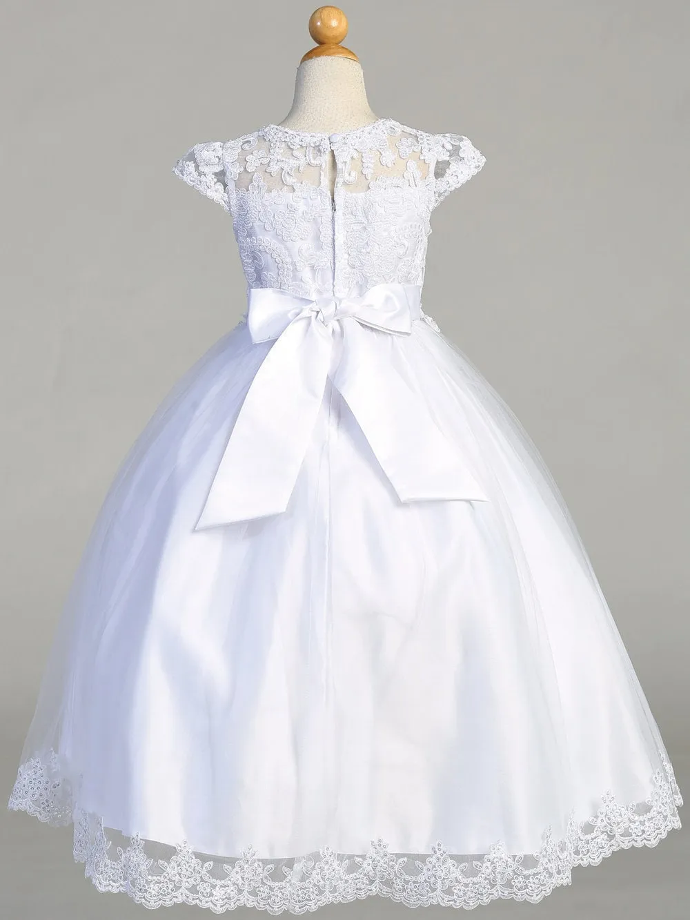 Girls White First Communion Dress w/ Embroidered Lace on Tulle (712)