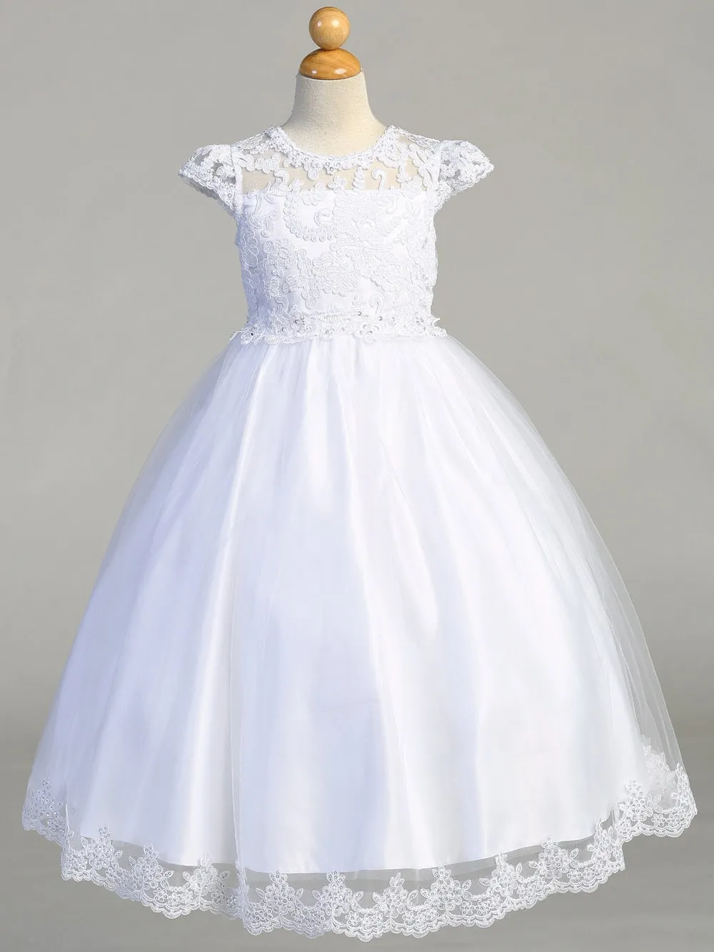 Girls White First Communion Dress w/ Embroidered Lace on Tulle (712)