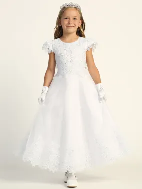 Girls White First Communion Dress w/ Embroidered Tulle & Sequins (724)