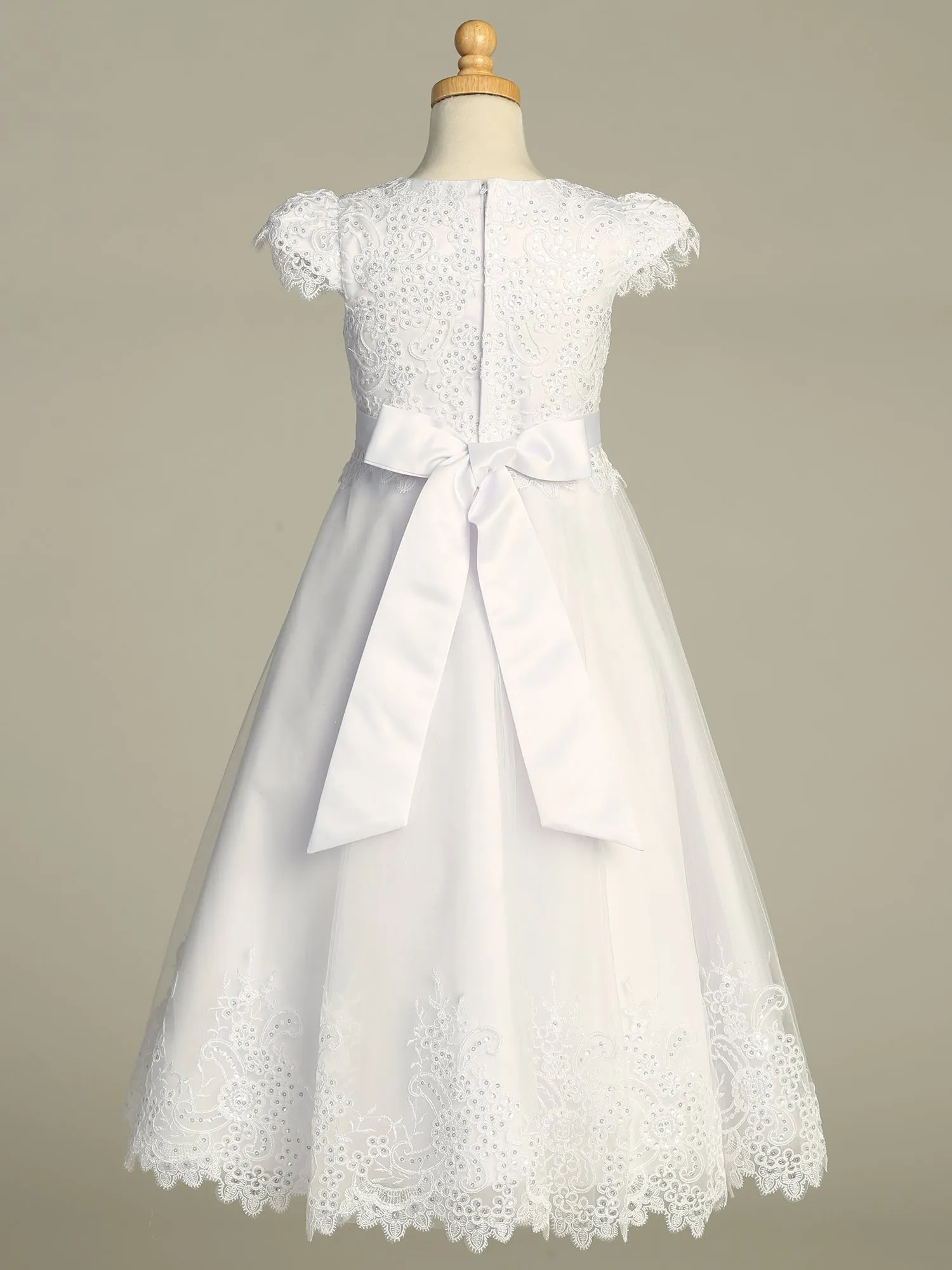 Girls White First Communion Dress w/ Embroidered Tulle & Sequins (724)