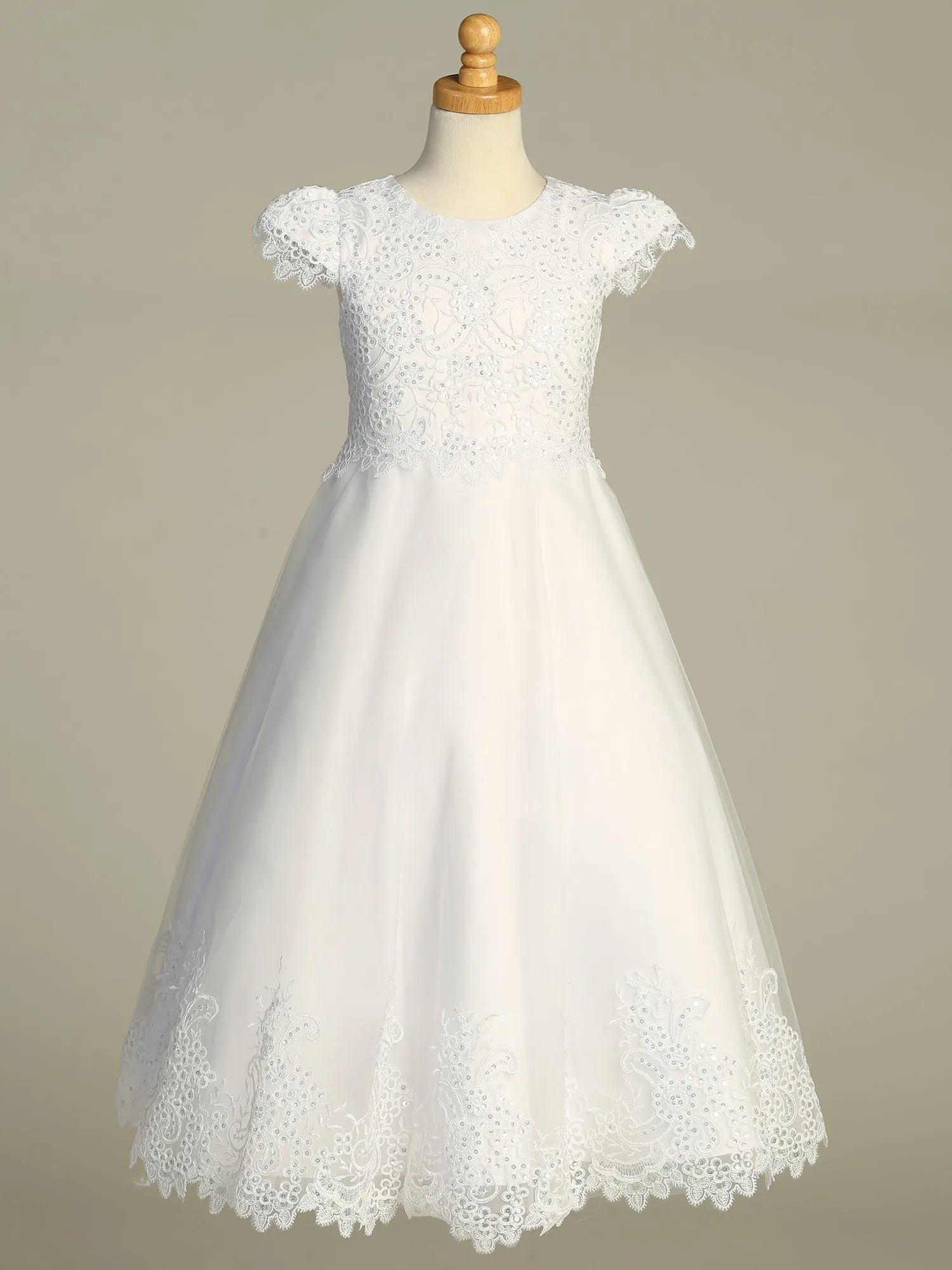 Girls White First Communion Dress w/ Embroidered Tulle & Sequins (724)