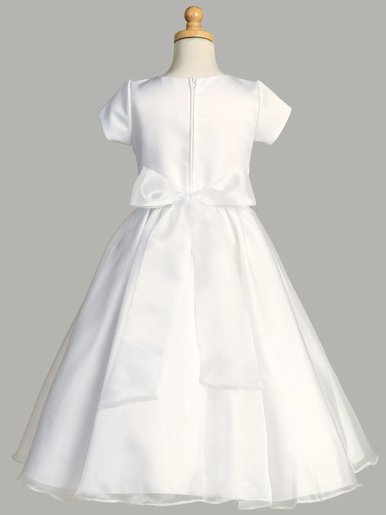 Girls White First Communion Dress w/ Satin Bodice & Crystal Organza Skirt (200)