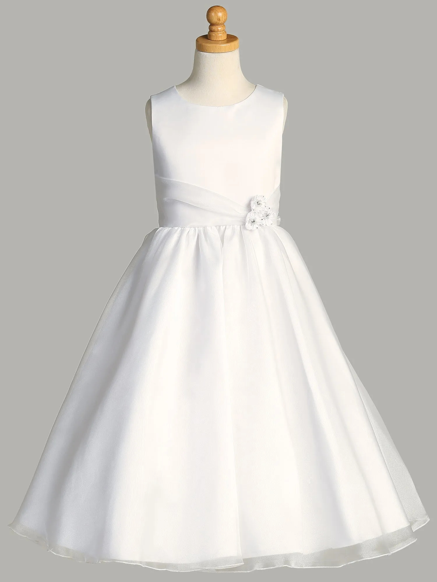 Girls White Satin First Communion Dress w/ Crystal Organza Skirt (199)