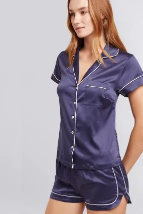 Grace Short Pyjama Set - Navy with White Piping