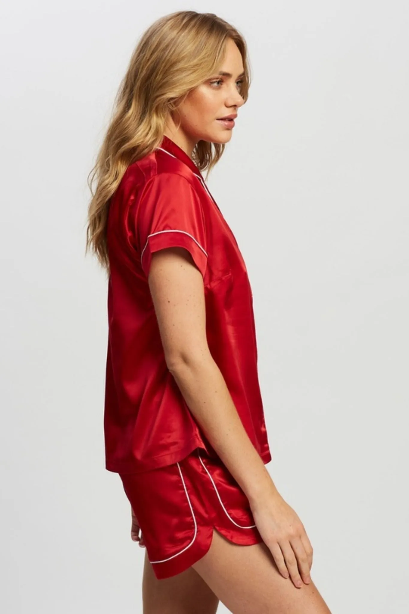 Grace Short Pyjama Set - Red with White Piping