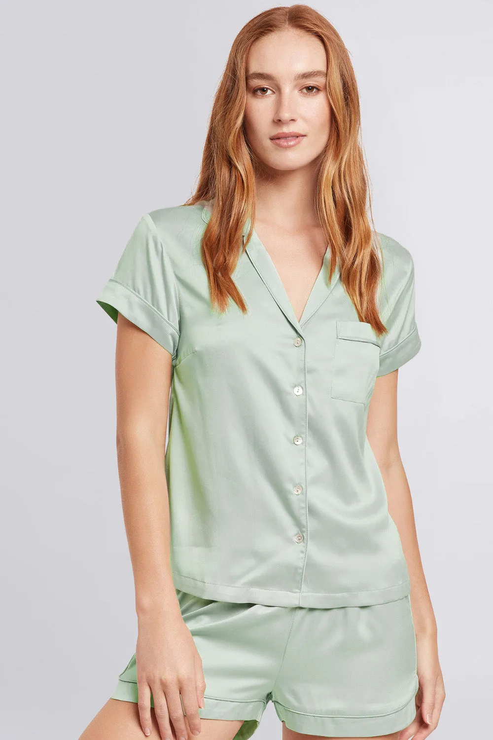 Grace Short Pyjama Set - Sage with Sage Piping