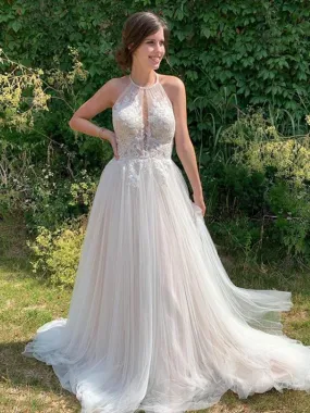 Halter Design Lace Popular Wedding Dresses, A-line Tulle Long Wedding Dresses