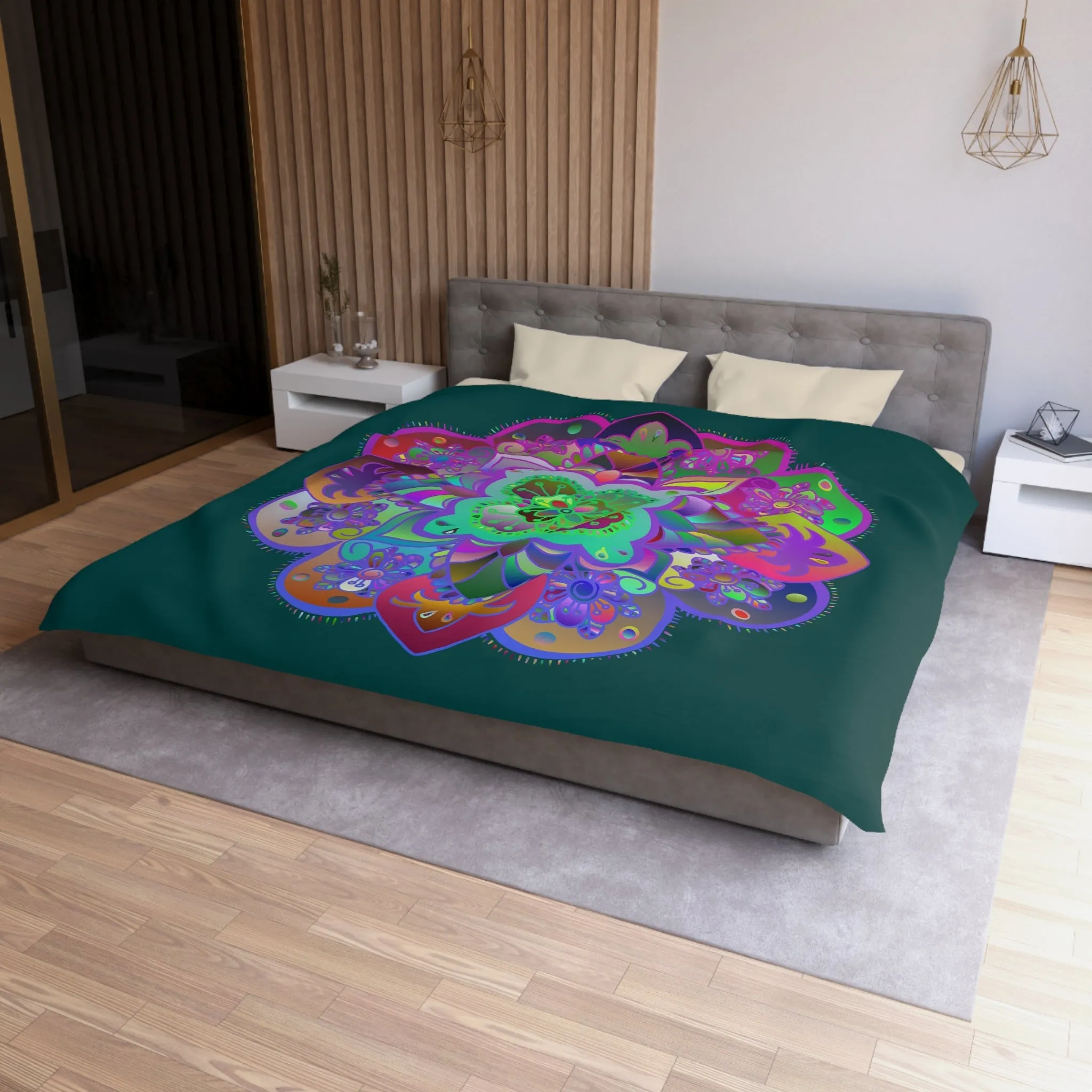 Handmade Mandala Design Microfiber Duvet Cover - Colorful Mandala on Dark Petroleum Green Background