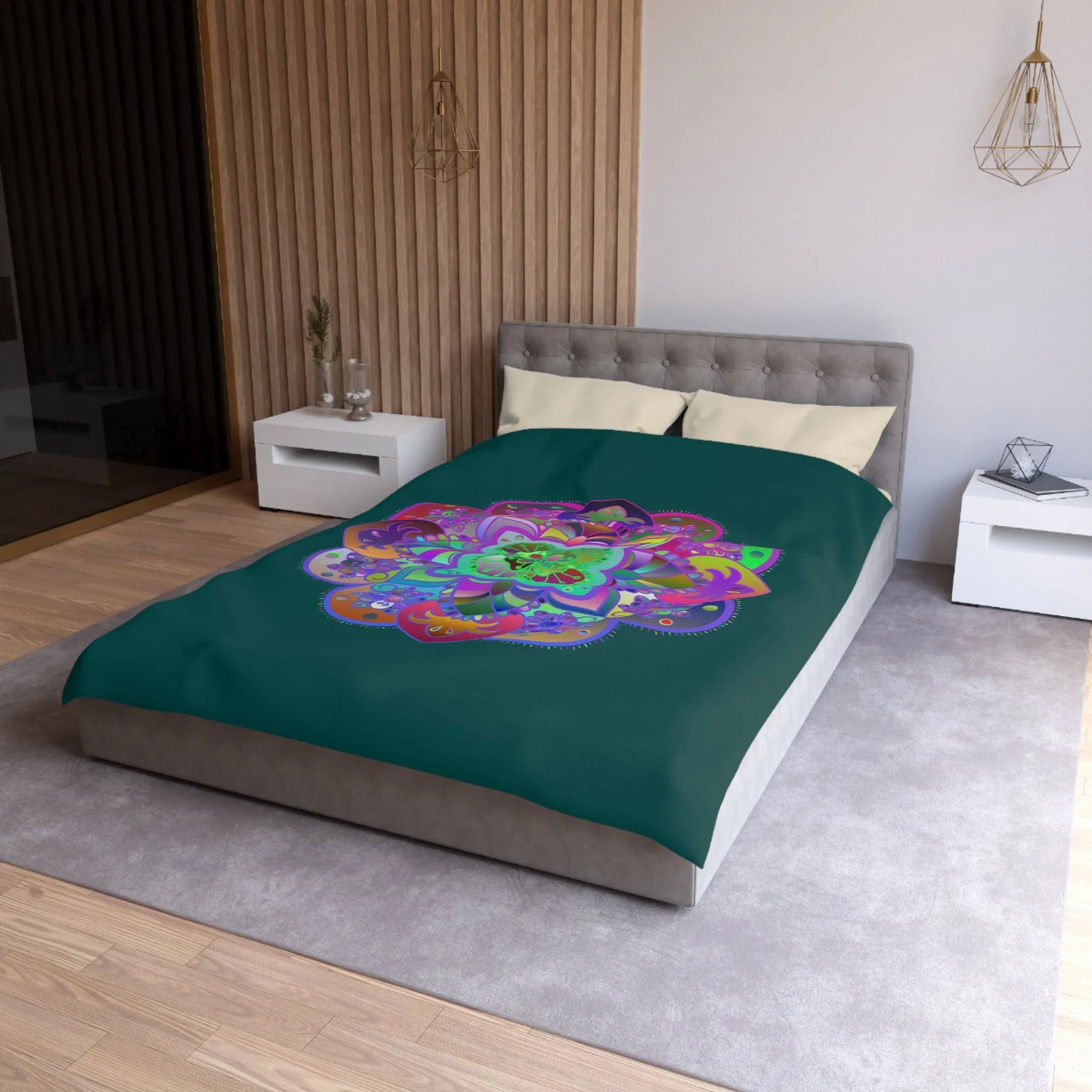 Handmade Mandala Design Microfiber Duvet Cover - Colorful Mandala on Dark Petroleum Green Background