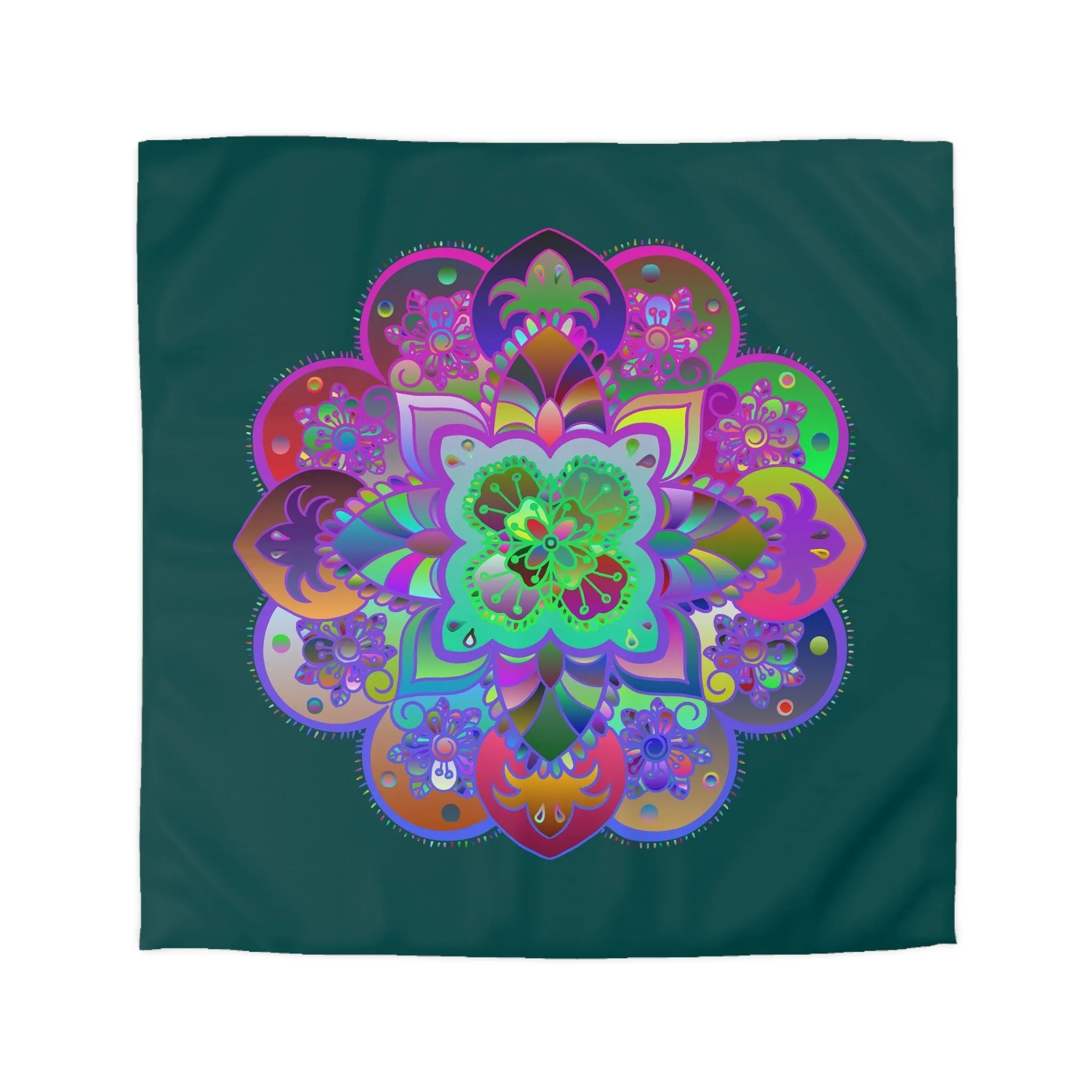 Handmade Mandala Design Microfiber Duvet Cover - Colorful Mandala on Dark Petroleum Green Background