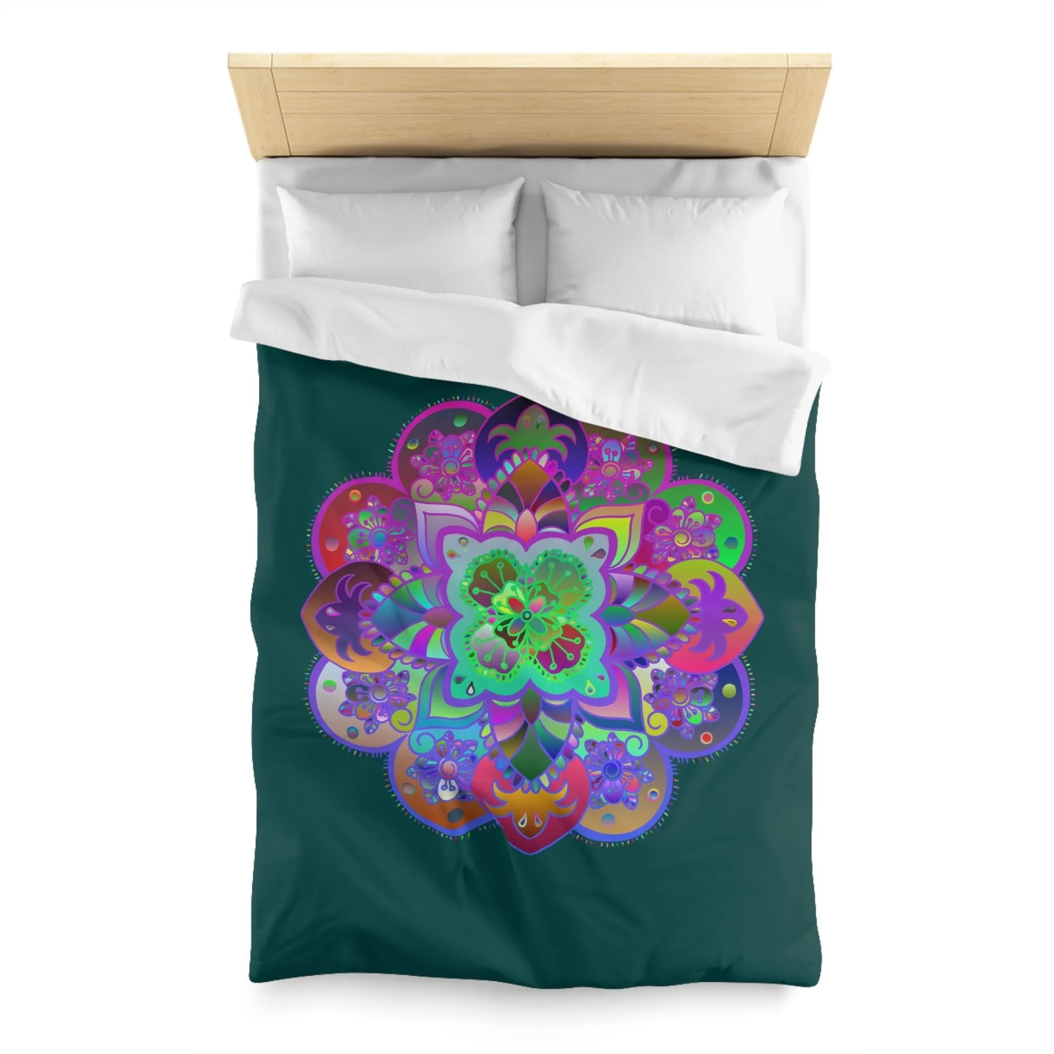 Handmade Mandala Design Microfiber Duvet Cover - Colorful Mandala on Dark Petroleum Green Background