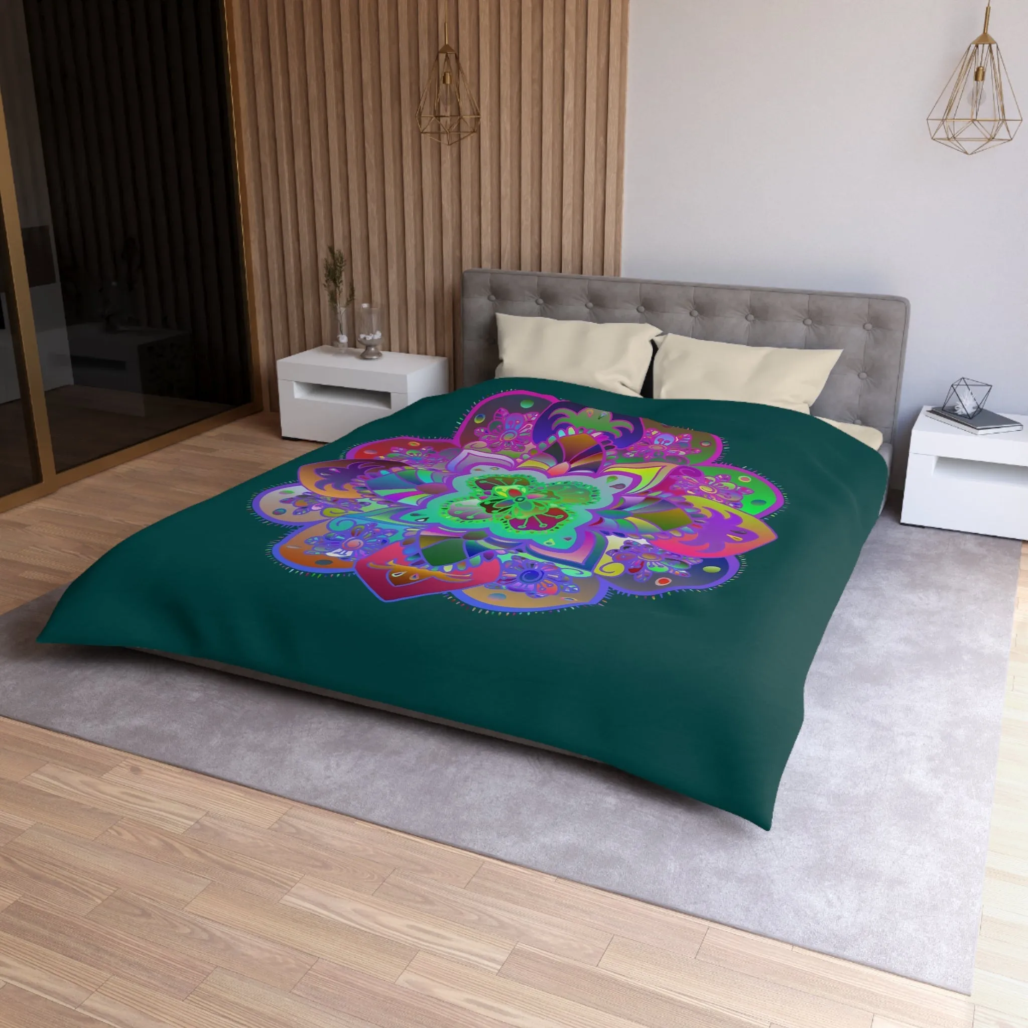 Handmade Mandala Design Microfiber Duvet Cover - Colorful Mandala on Dark Petroleum Green Background