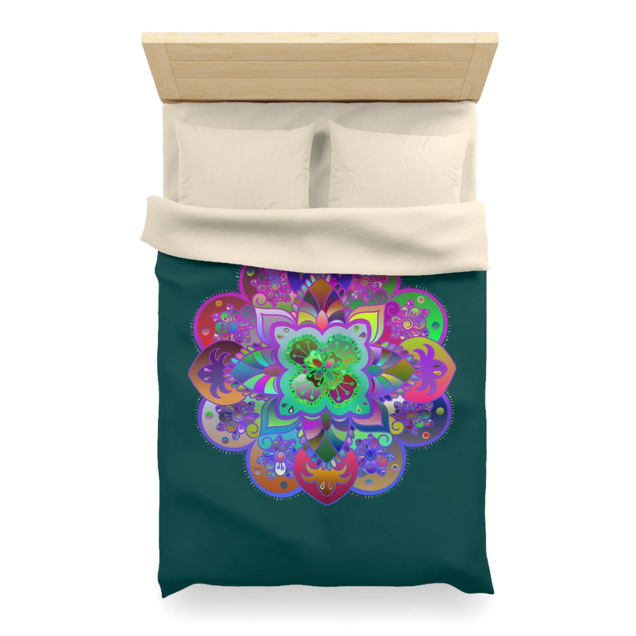 Handmade Mandala Design Microfiber Duvet Cover - Colorful Mandala on Dark Petroleum Green Background