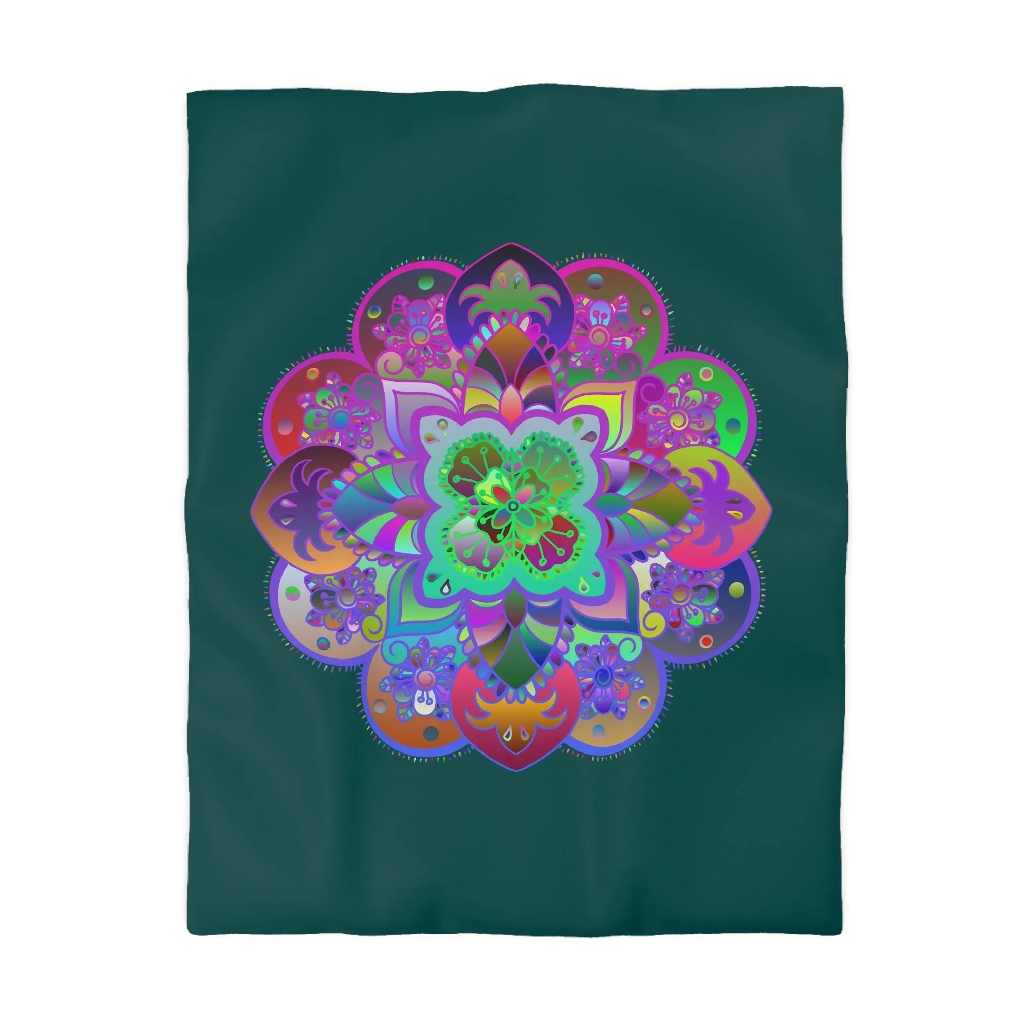 Handmade Mandala Design Microfiber Duvet Cover - Colorful Mandala on Dark Petroleum Green Background