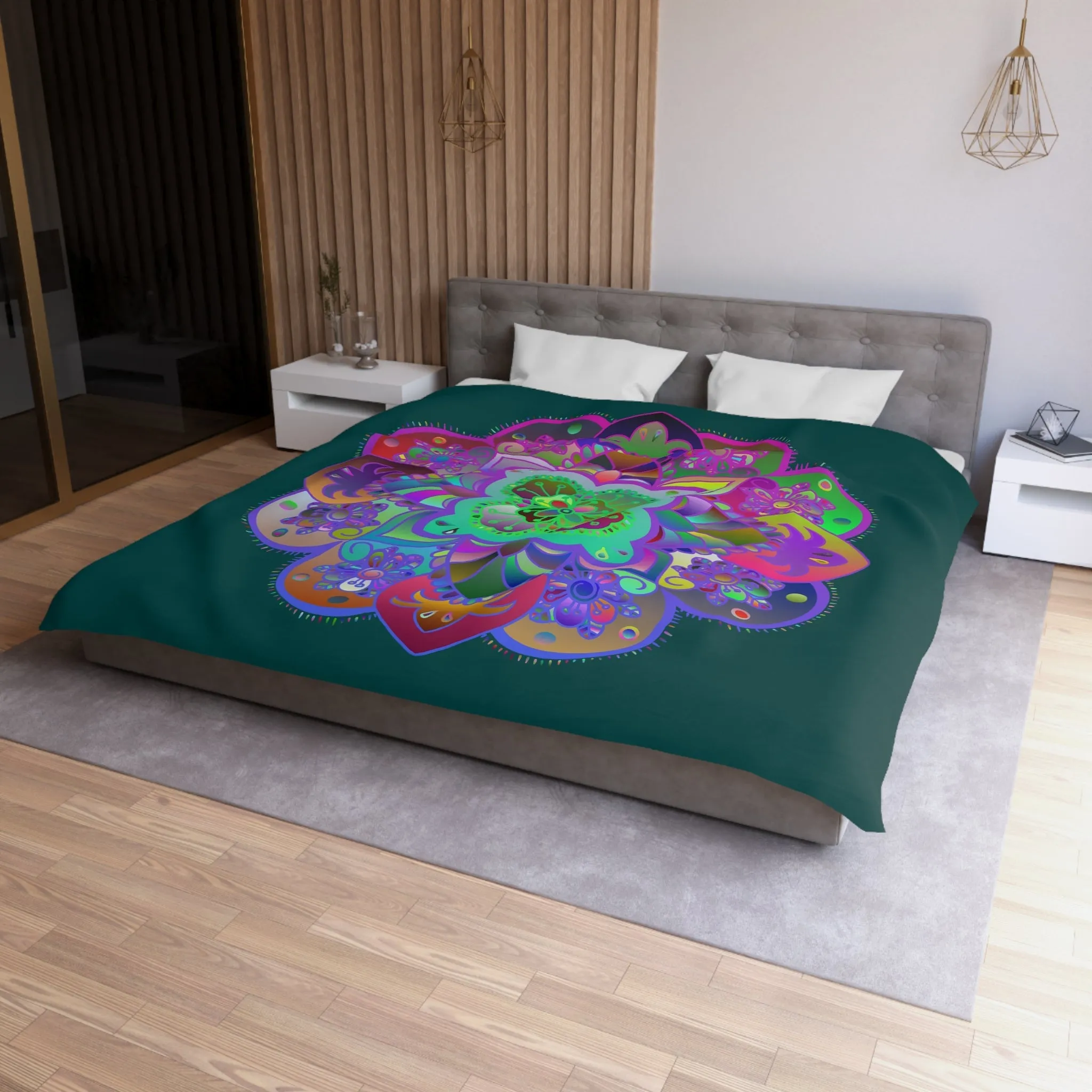 Handmade Mandala Design Microfiber Duvet Cover - Colorful Mandala on Dark Petroleum Green Background